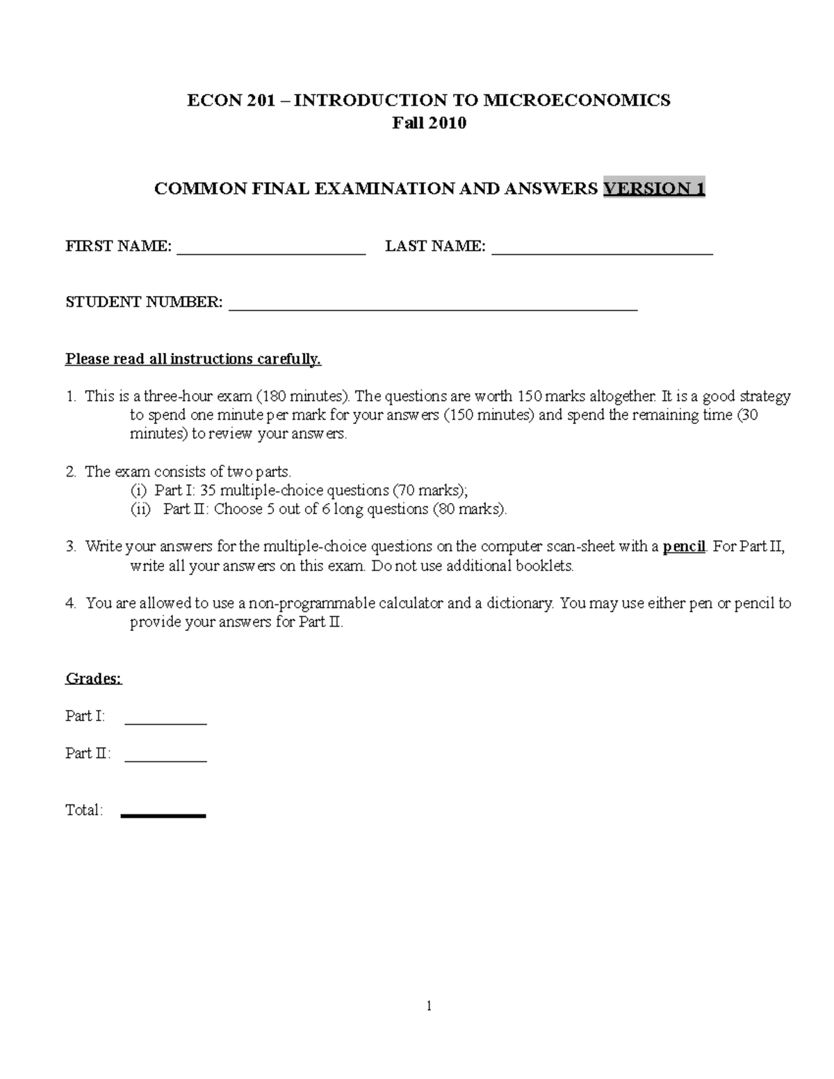 Final exam Fall 2010, questions and answers - ECON 201 – INTRODUCTION ...