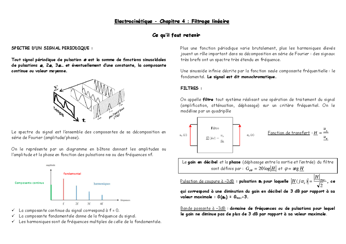 Filtrage-lineaire-cours - Electrocinétique - Chapitre 4 : Filtrage ...