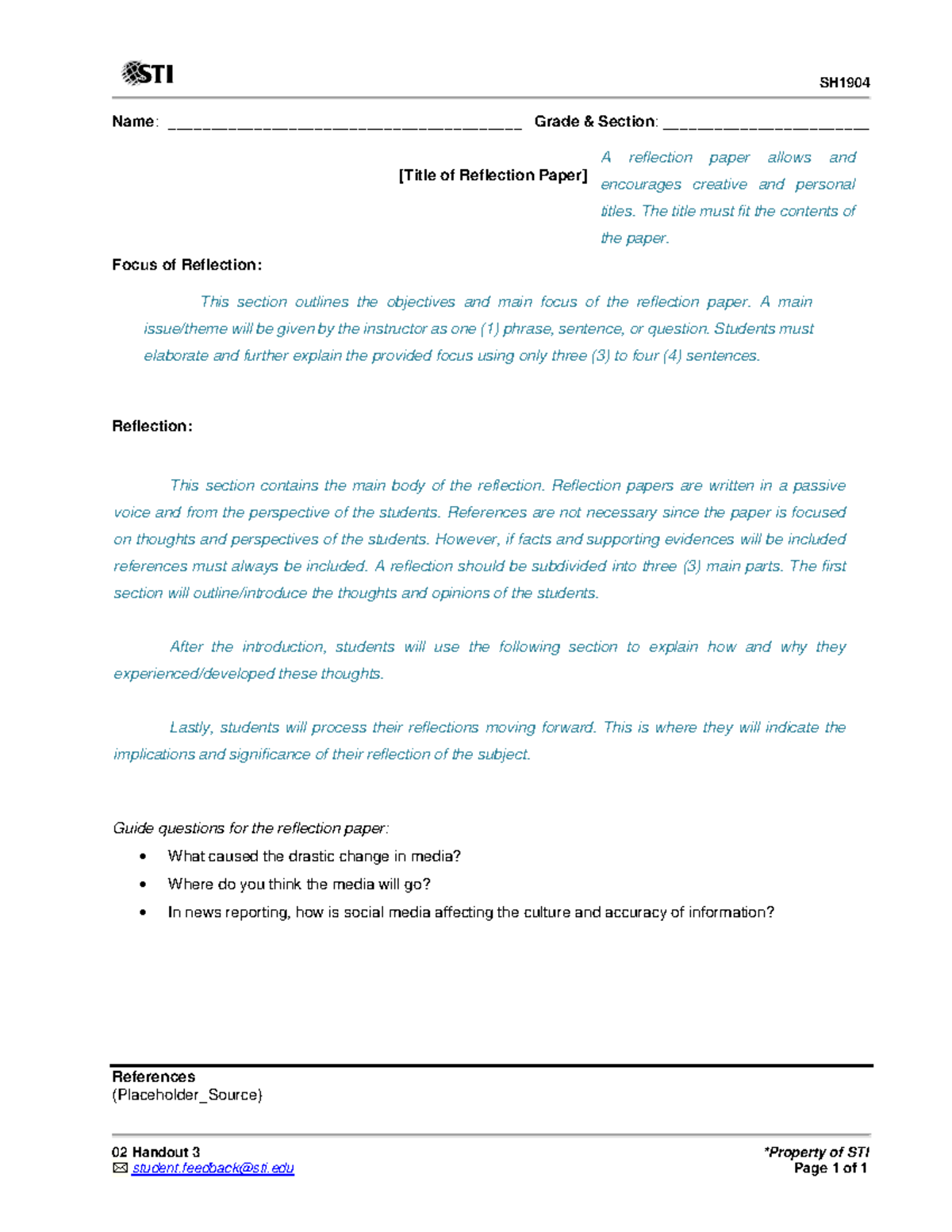Parts of Reflection Paper SH 02 Handout 3 *Property of STI student
