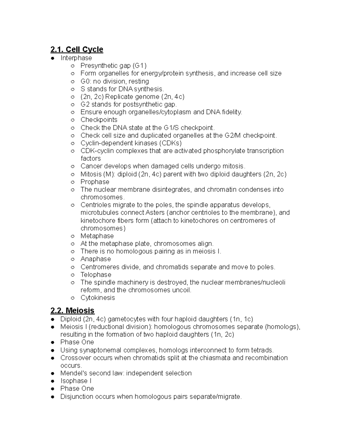 Cell Cycle - notes - 2. Cell Cycle Interphase Presynthetic gap (G1 ...