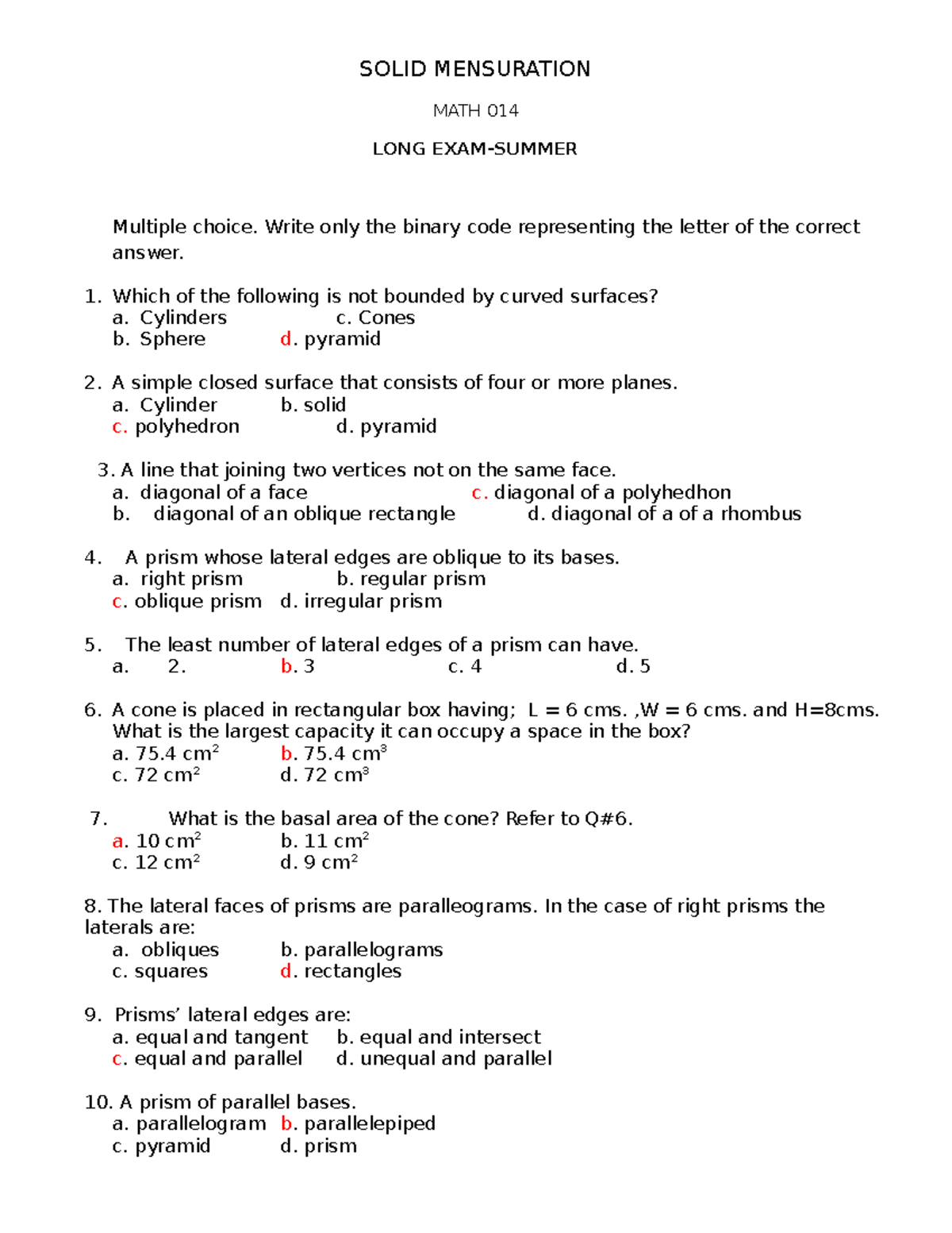 Toaz - practice problems - SOLID MENSURATION MATH 014 LONG EXAM-SUMMER ...
