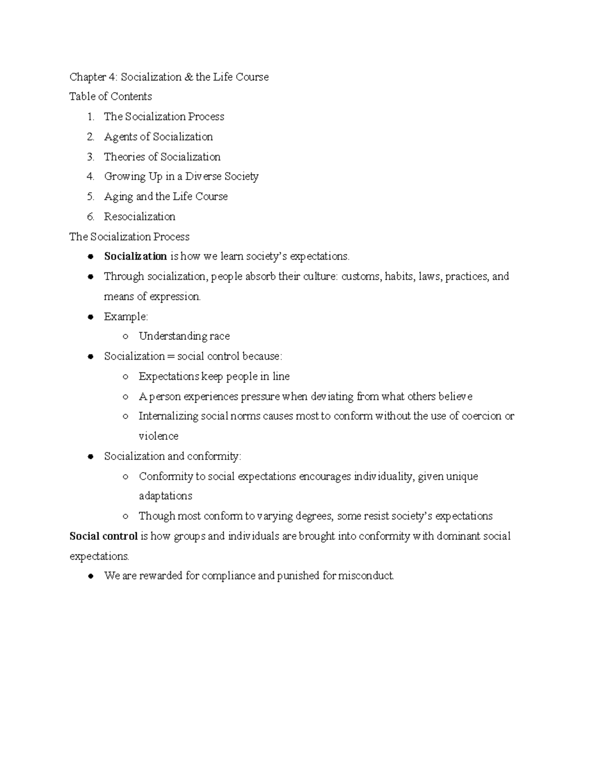 Power Point 4 - Chapter 4: Socialization & The Life Course Table Of ...