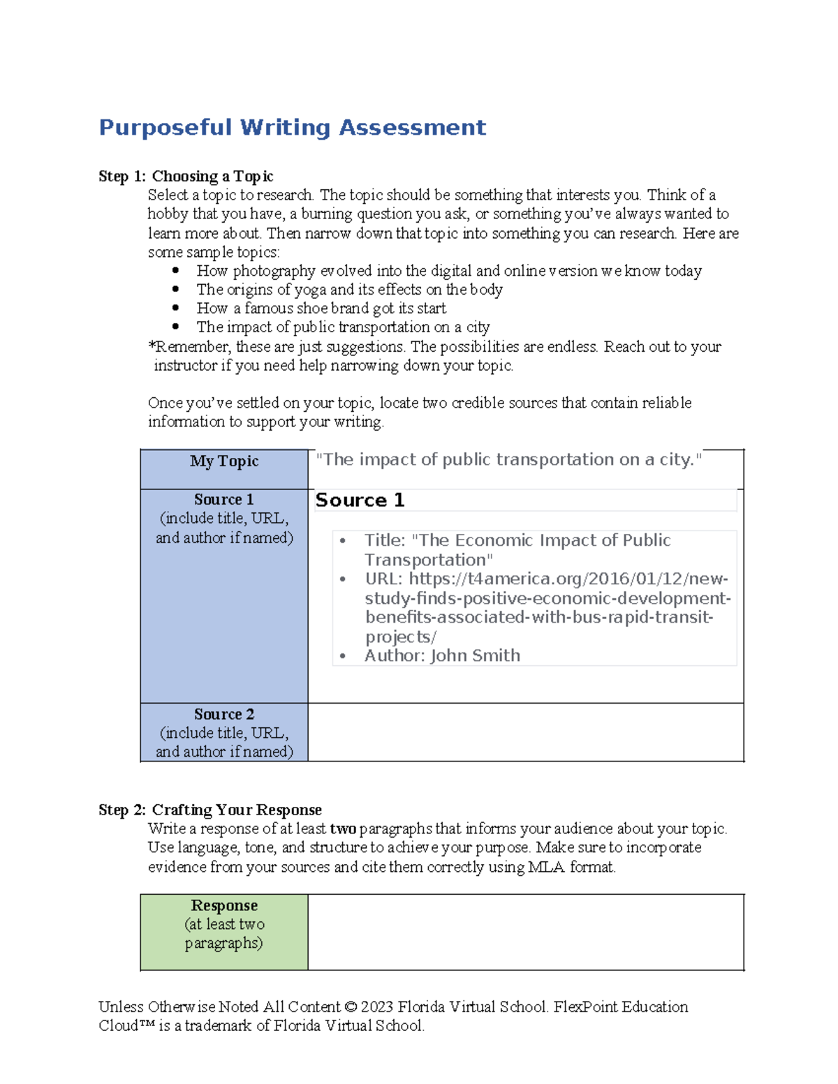 01 03 purposeful writing - Purposeful Writing Assessment Step 1 ...