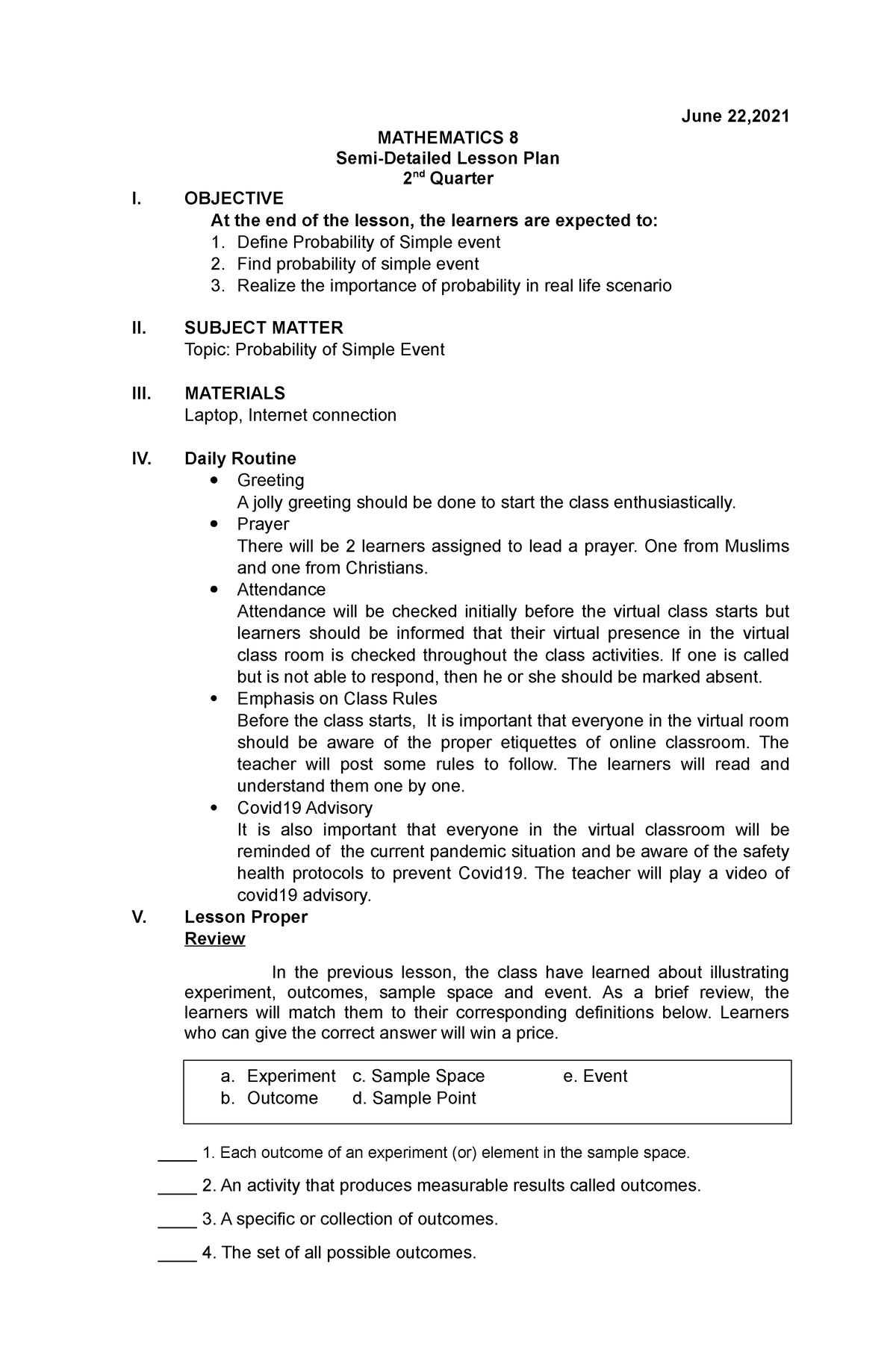 COT2DLP Junior high - June 22, MATHEMATICS 8 Semi-Detailed Lesson Plan ...