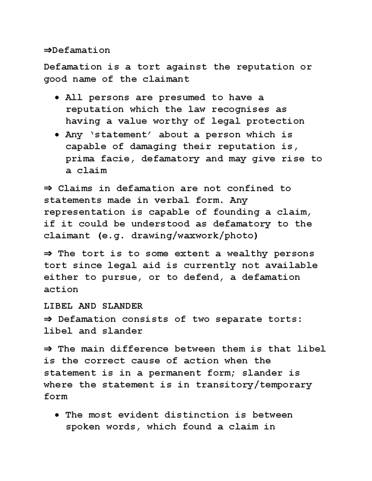Document 26 - Lecture notes All - ⇒Defamation Defamation is a tort ...