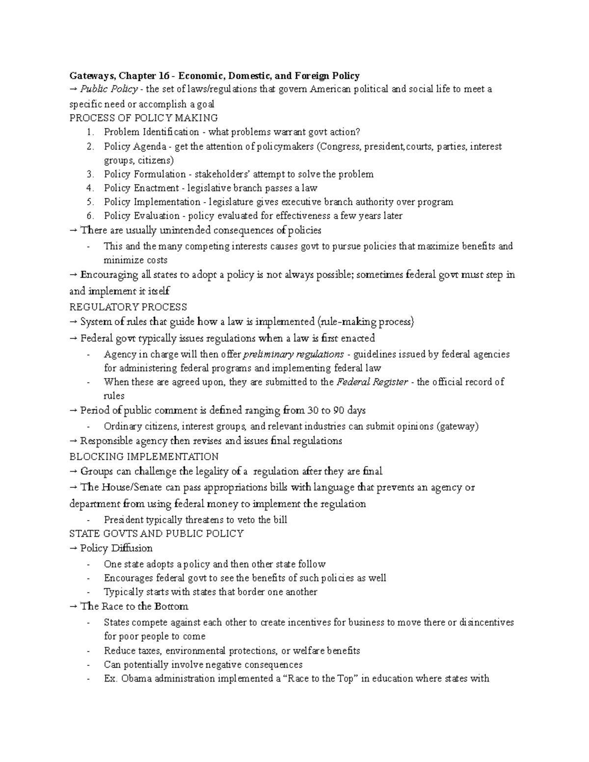 Textbook Notes Part 2 - Gateways, Chapter 16 - Economic, Domestic, And 