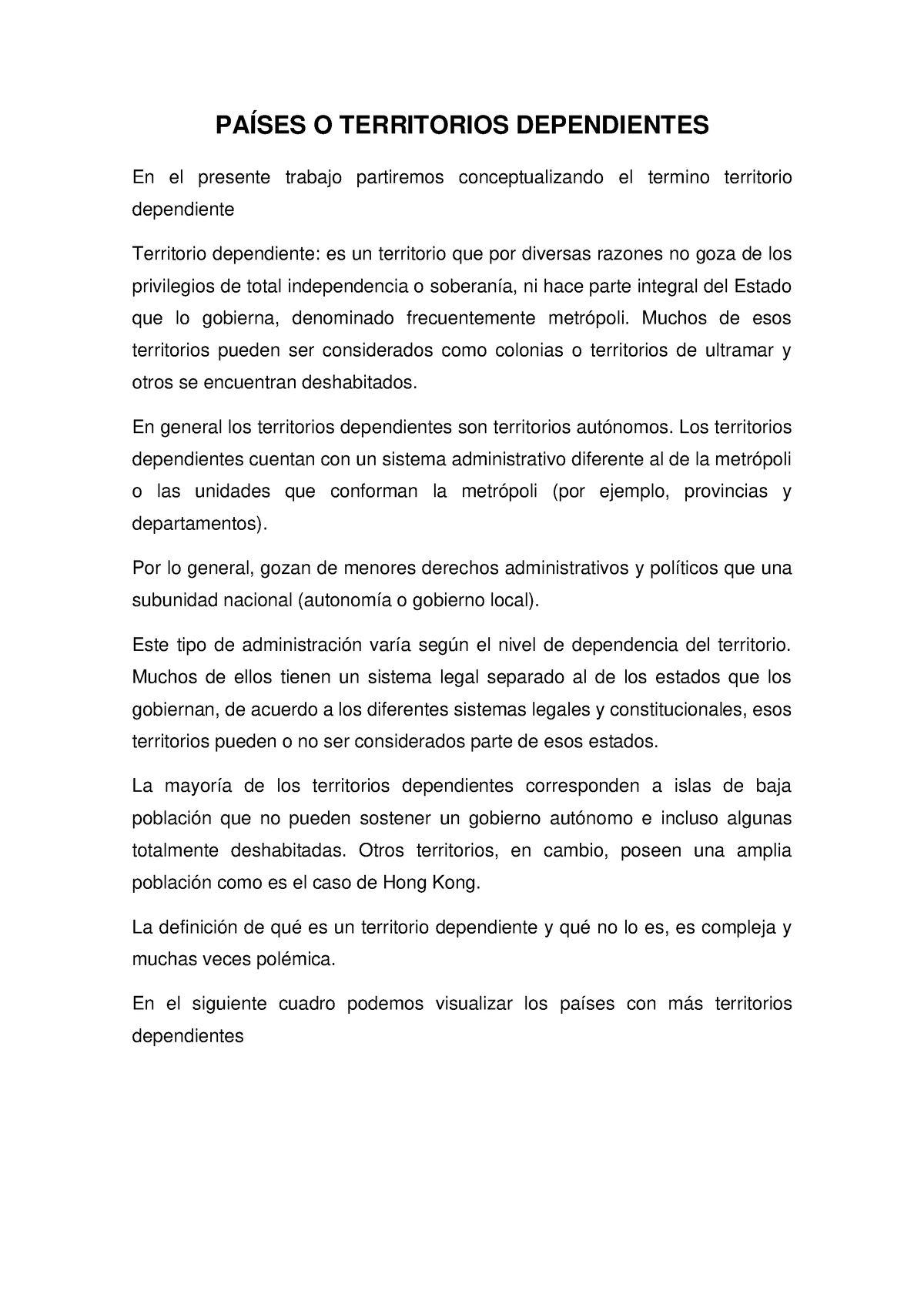 Asignación ( Marlon) Países O Territorios Dependientes Y LA Federación ...