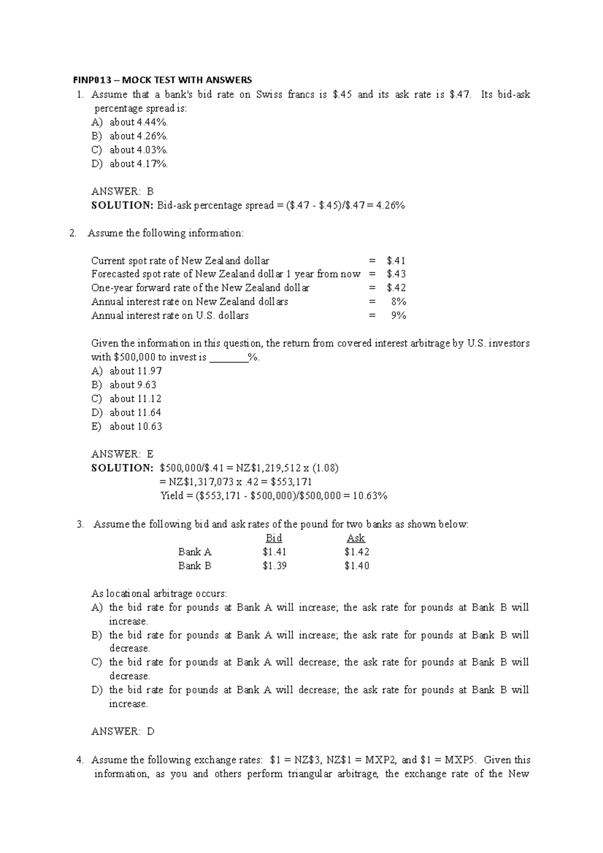 MCQ Mock Test - Exercise Qs - FINP013 – MOCK TEST WITH ANSWERS Assume ...