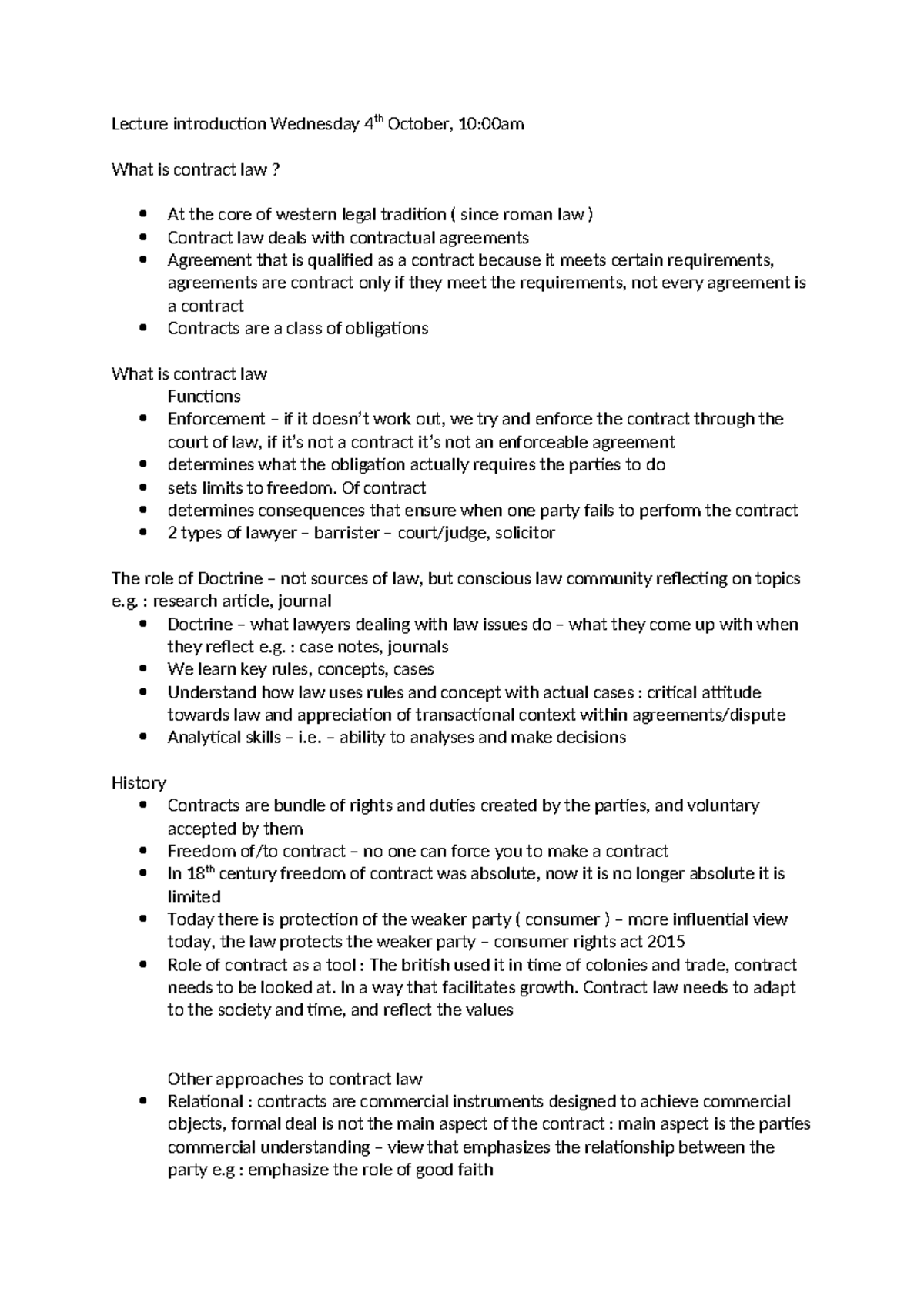 Introduction Contract Law Lecture Introduction Wednesday 4th October