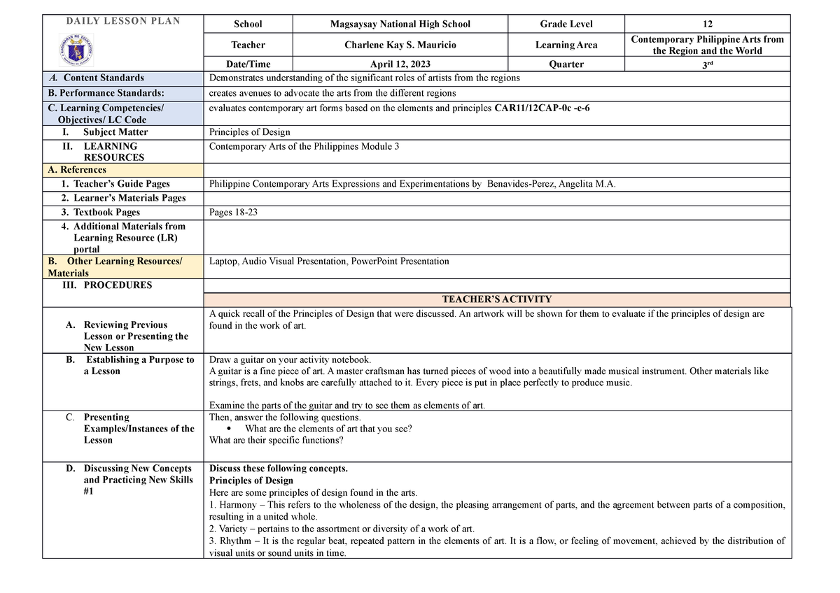 DLP CPAR 3rd Q - 10 - Contemporary ARts Daily Lesson Plan - DAILY ...