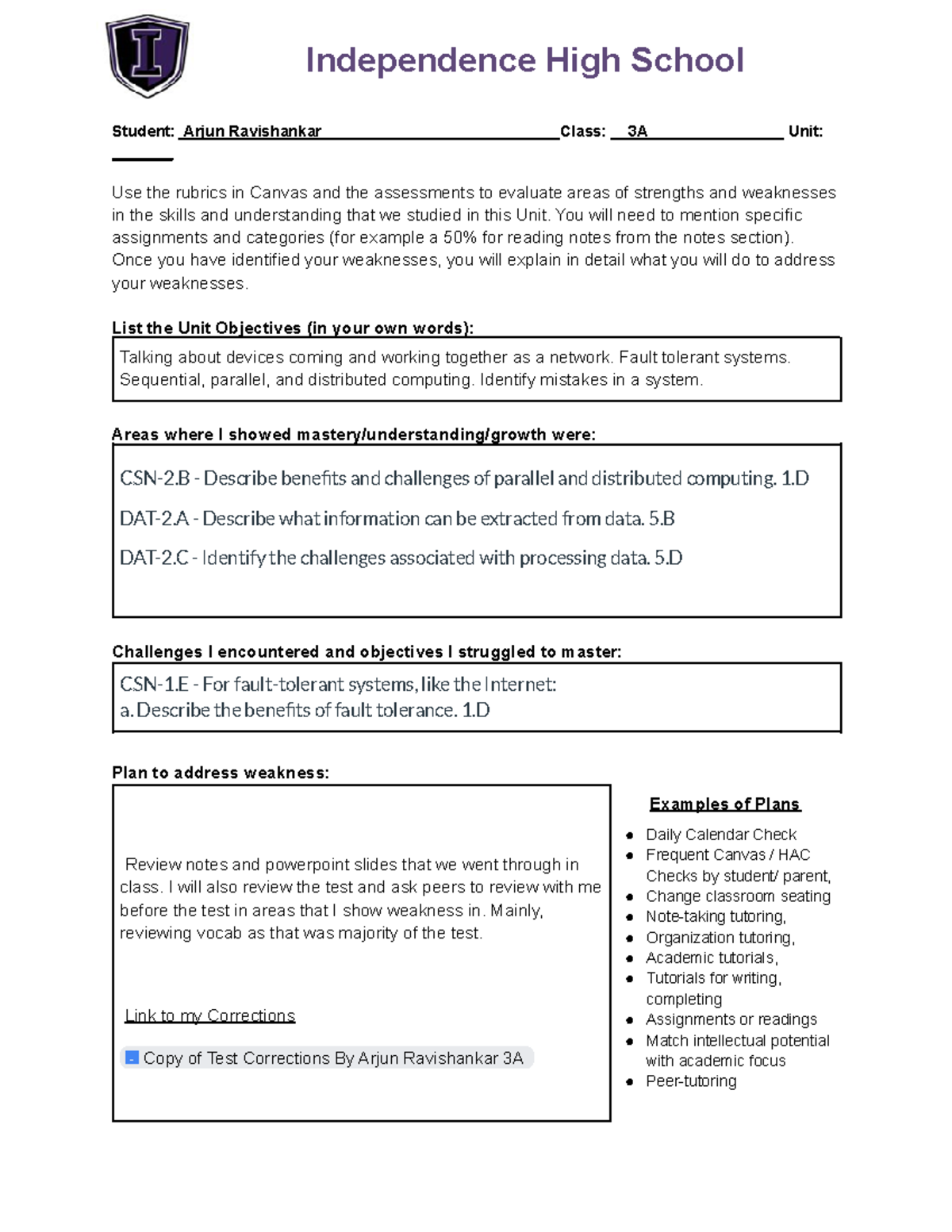 Copy of Reflection - aaa - Independence High School Student: Arjun ...