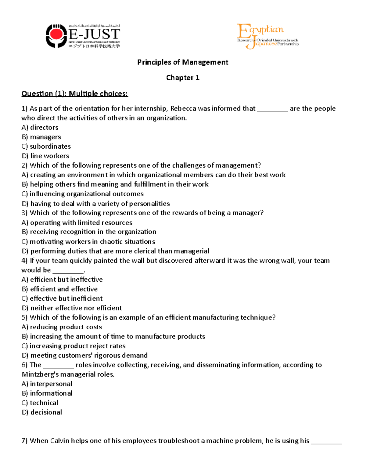 Tutorial 2 - Principles Of Management Chapter 1 Question (1): Multiple ...