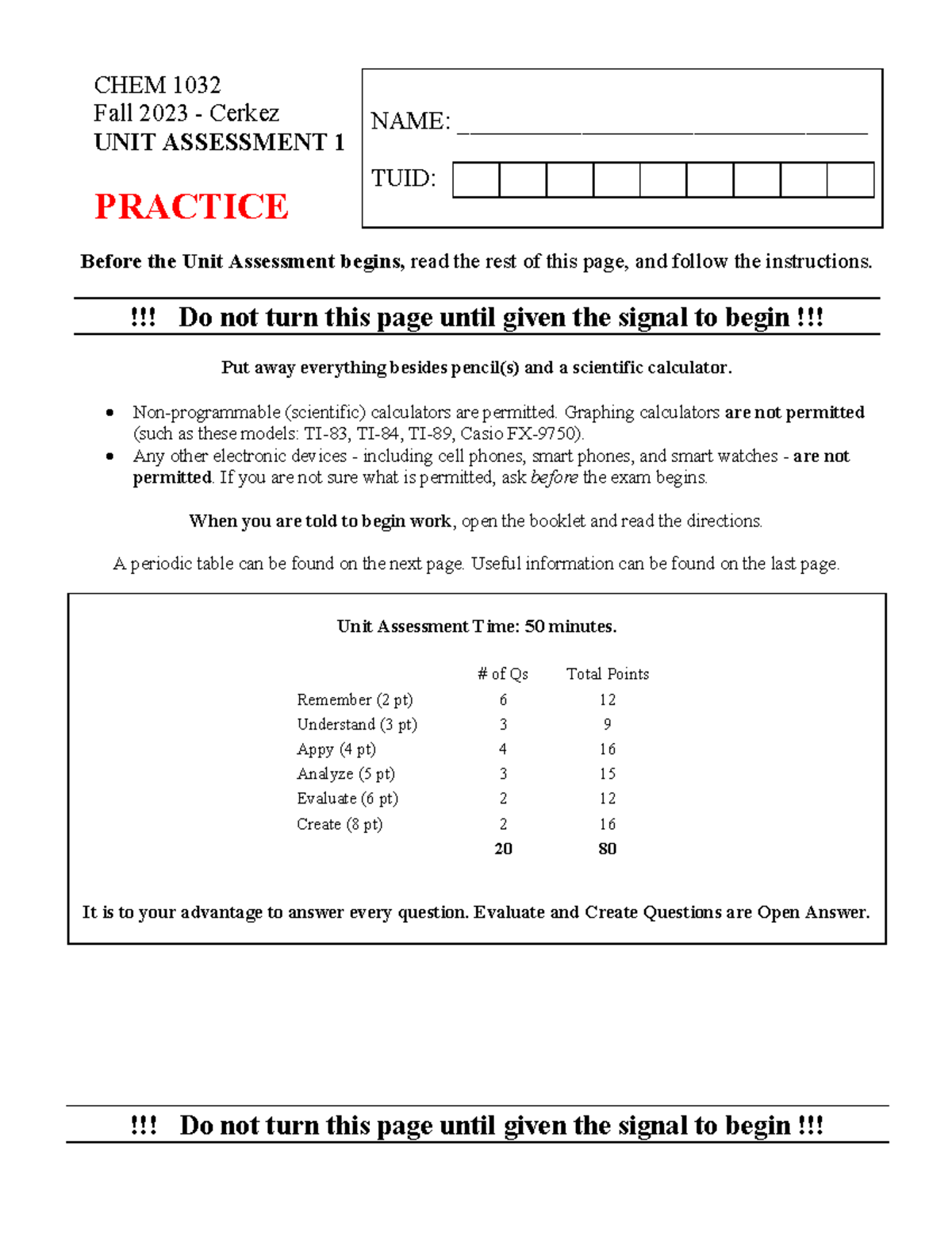 General Chemistry II - Unit 1 Assessment Practice - CHEM 1032 Fall 2023 ...
