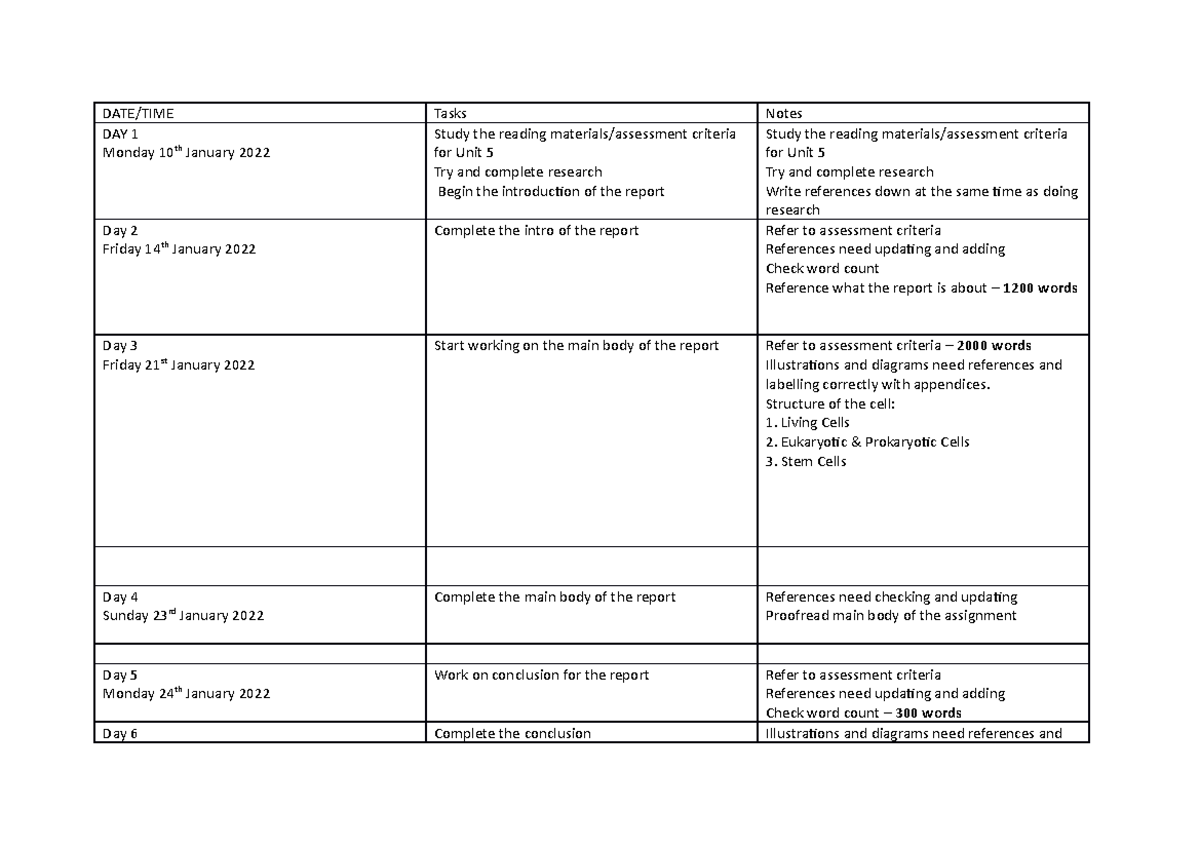 UNIT 4 plan and timetable draft 2 prep for illustrated report - DATE ...