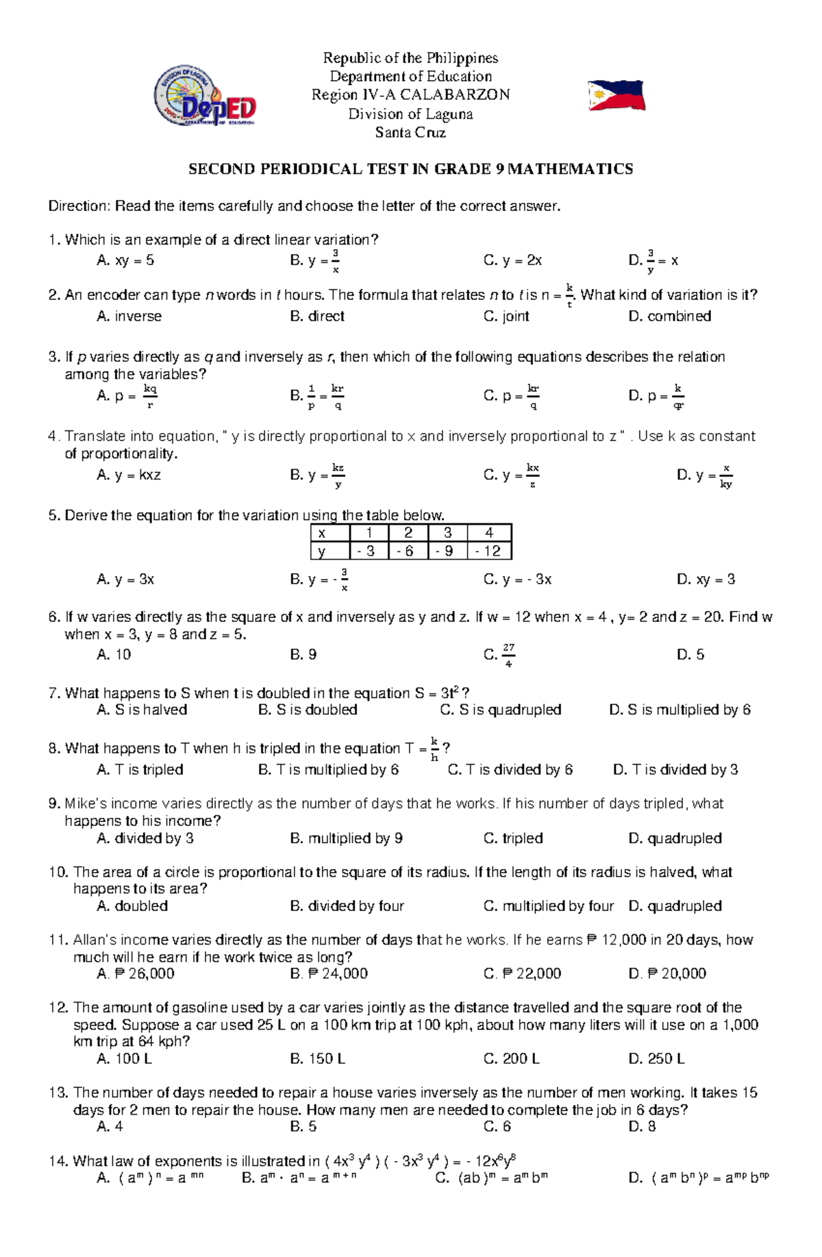 434889922 second periodical math 9 - Department of Education Region IV ...