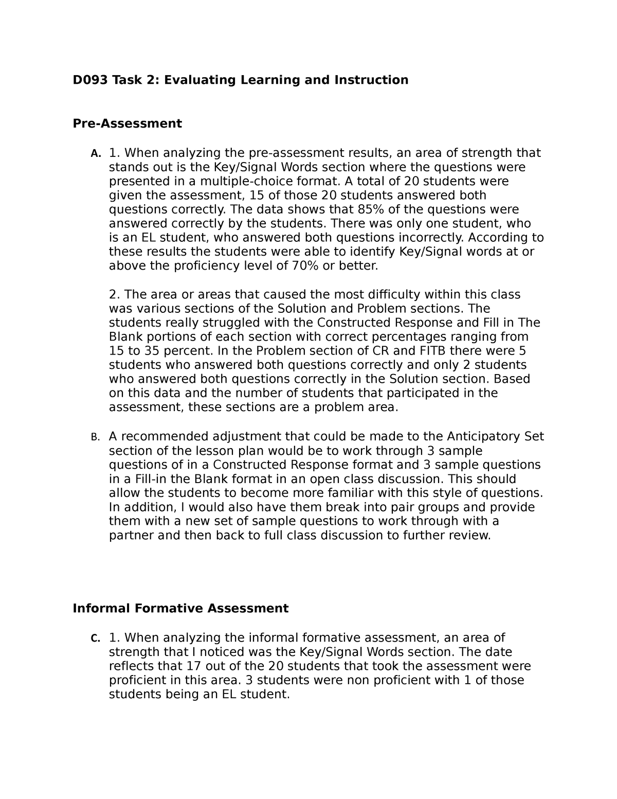 D093 Task 2 - Task 2 - D093 Task 2: Evaluating Learning And Instruction ...