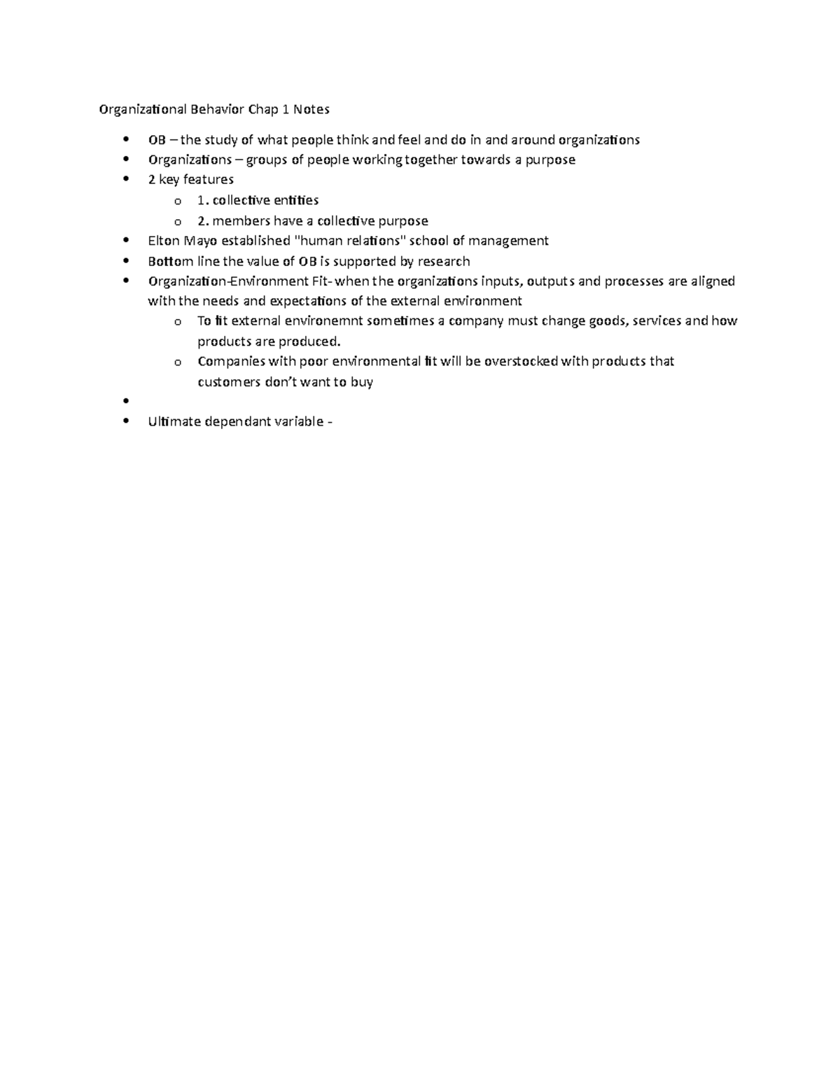 OB Chapter 1 Notes - Organizational Behavior Chap 1 Notes OB – The ...