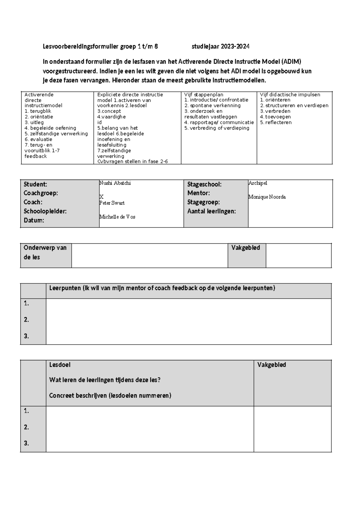 LVF format - Lesvoorbereidingsformulier groep 1 t/m 8 studiejaar 2023