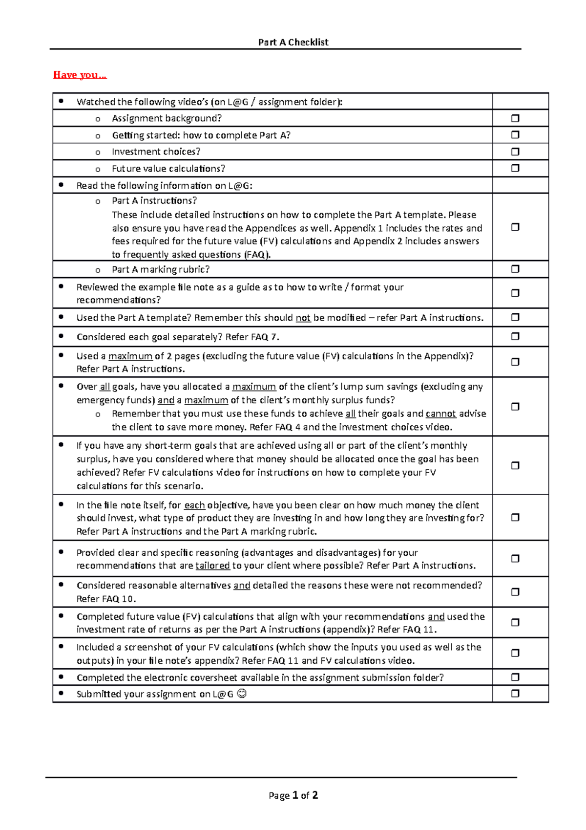 Part A - Check List - Part A Checklist Have you... Watched the ...