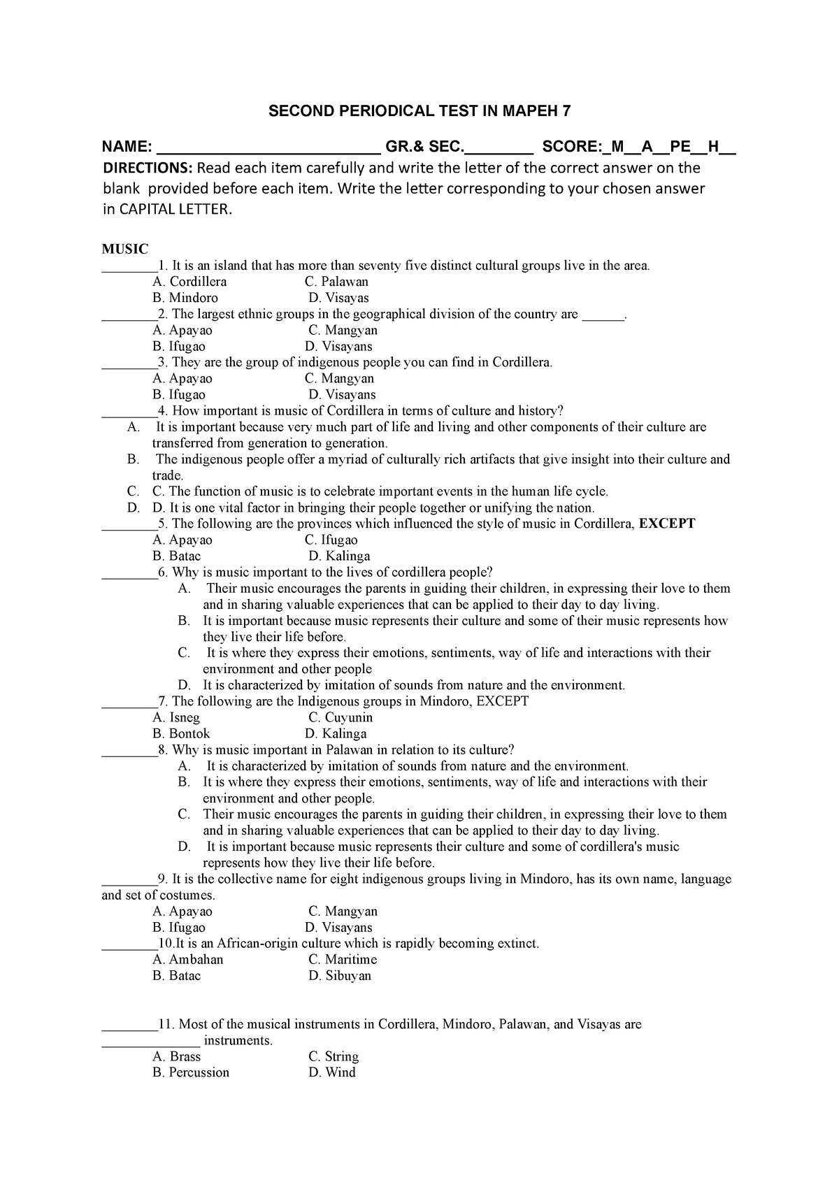 PT G7 Mapeh - SECOND PERIODICAL TEST IN MAPEH 7 NAME ...