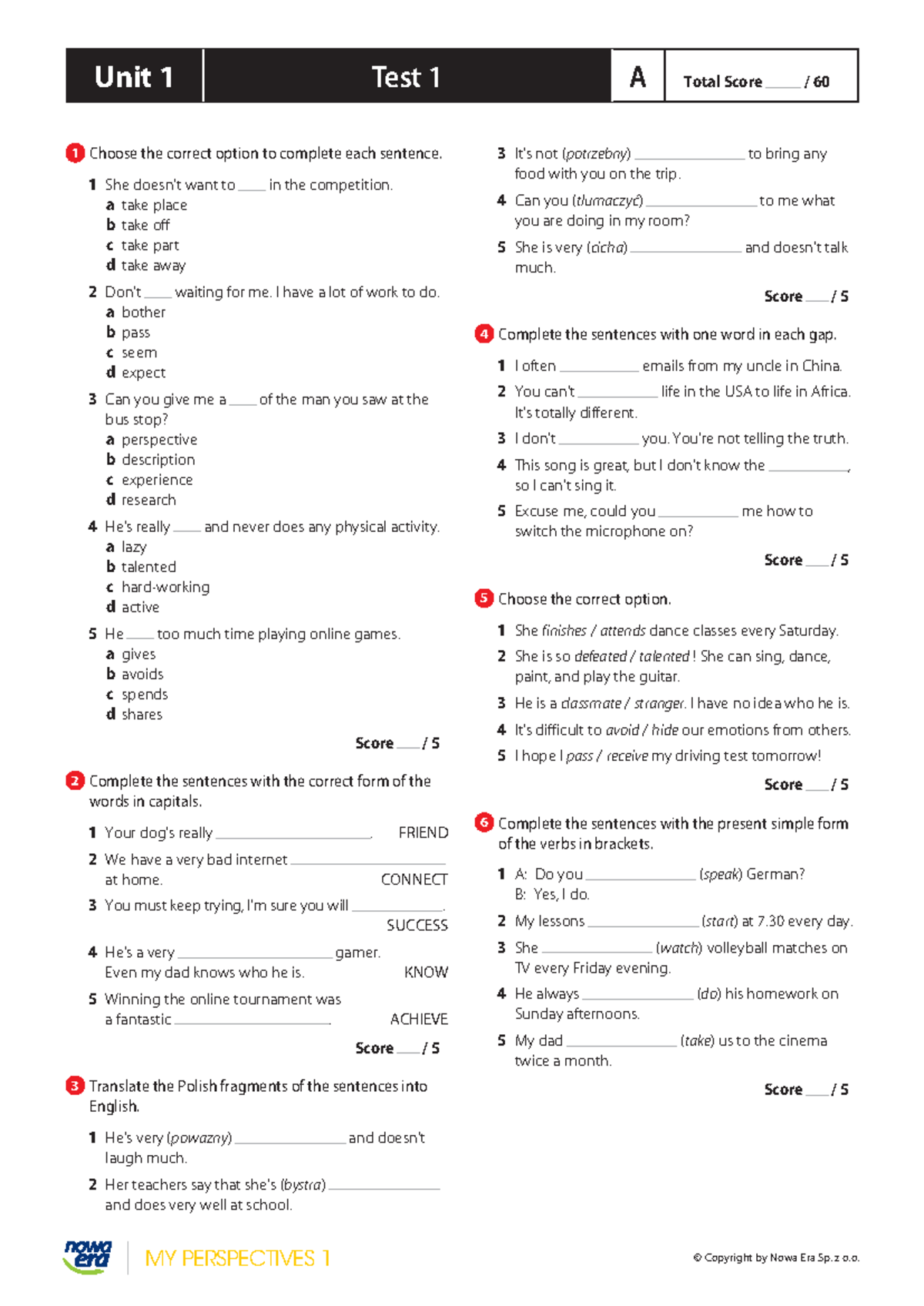 Unit 1, Test 1 - grupa A - standard - Unit 1 Test 1 A Total Score / 60 ...