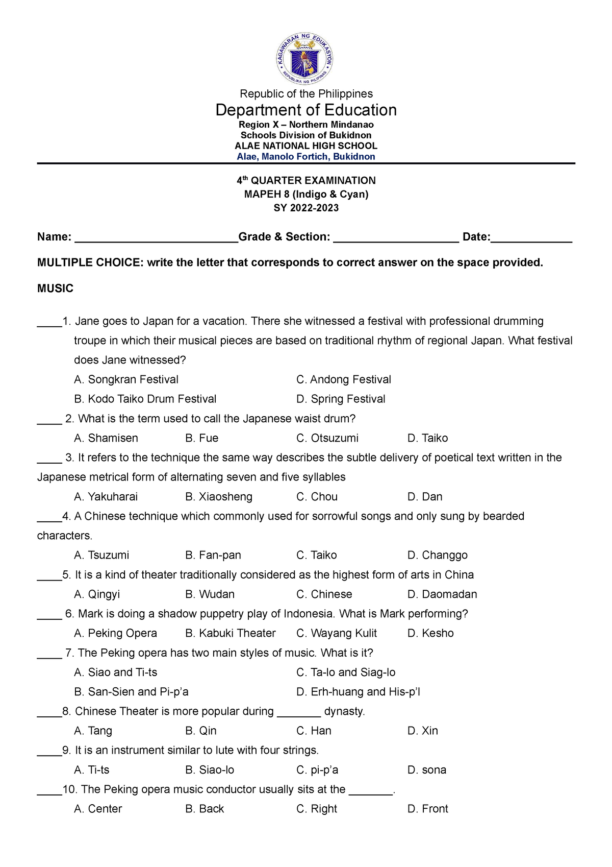 Grade 8 Mapeh 4th Q EXAM - exam - Republic of the Philippines ...