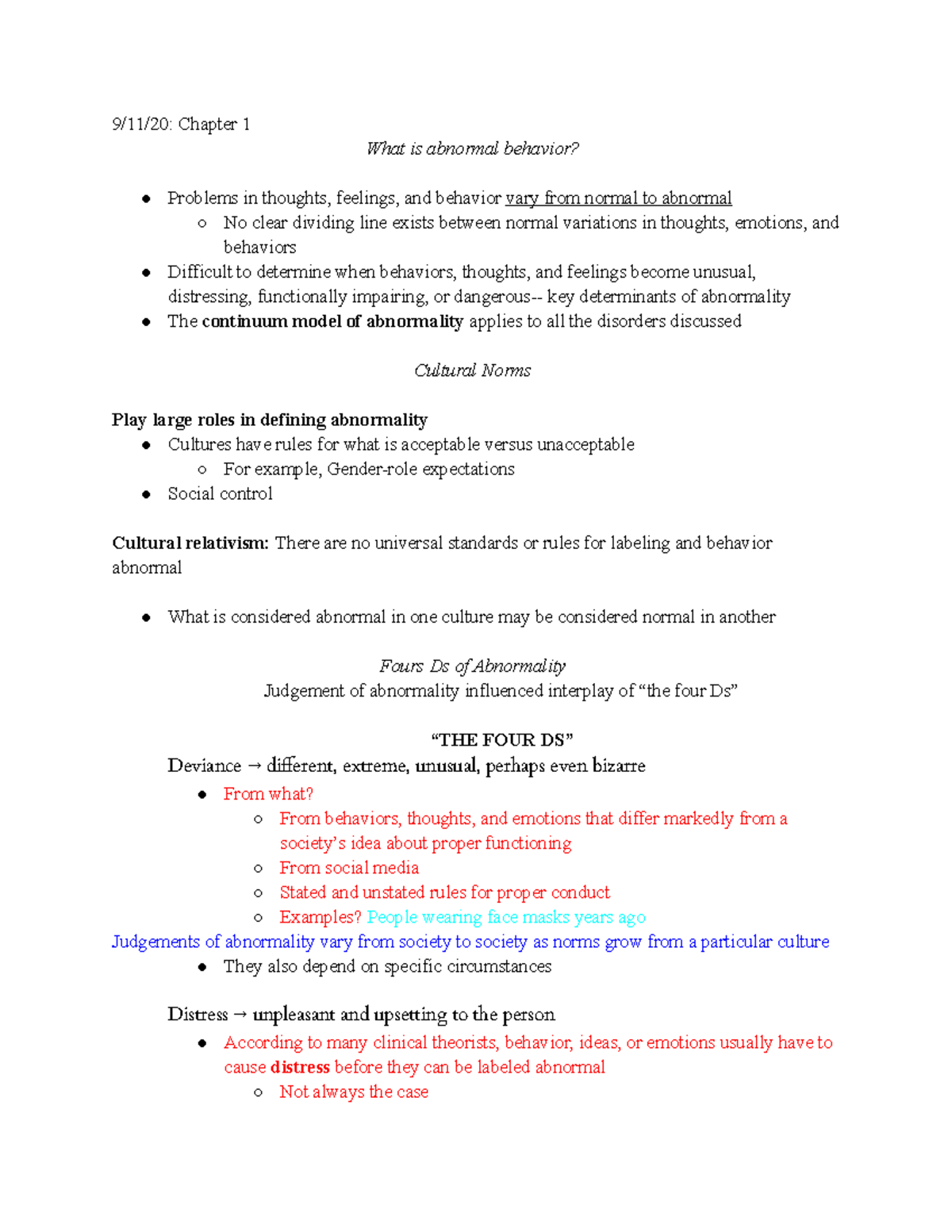 Psych 254 - 9/11/20: Chapter 1 What is abnormal behavior? Problems in ...