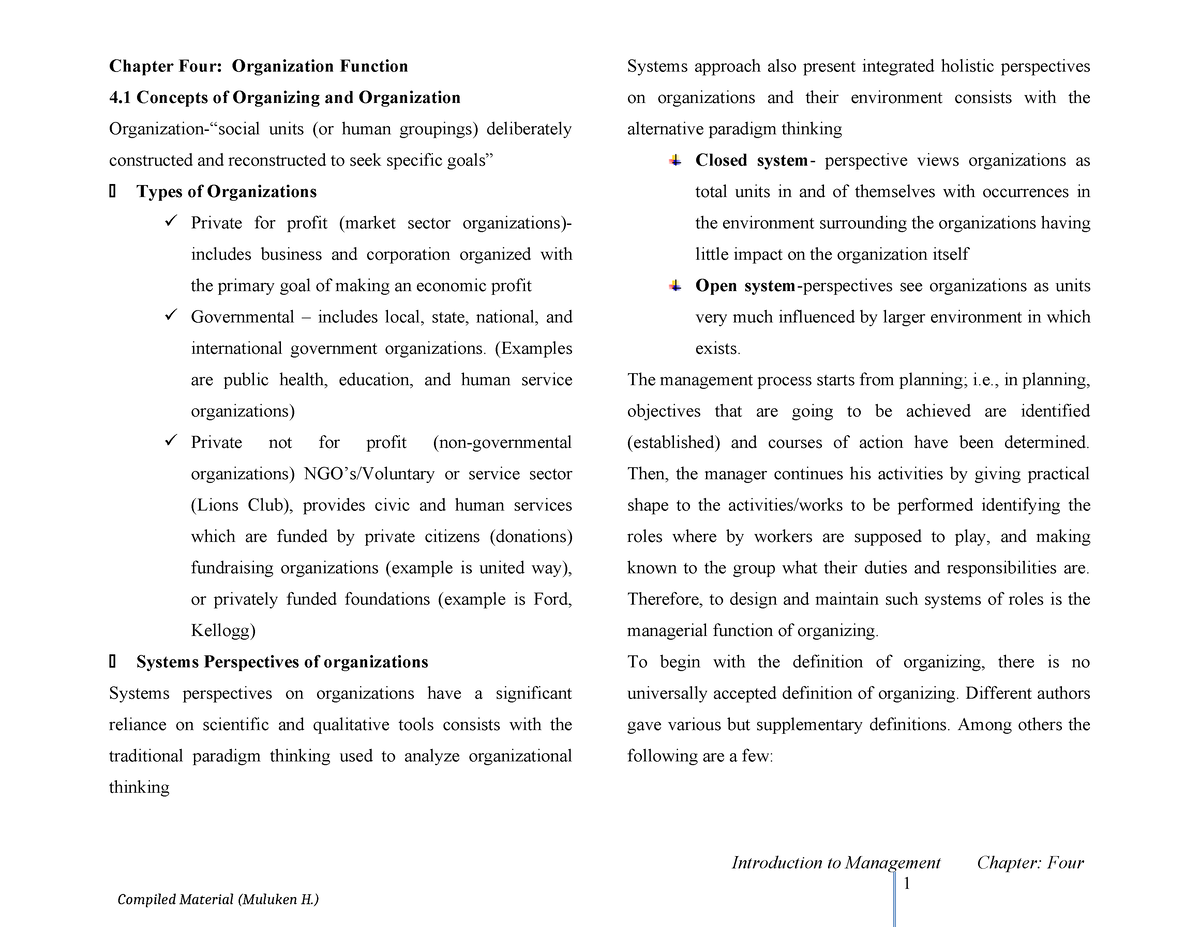 Chapter 4 - Lecture - Chapter Four: Organization Function 4 Concepts Of ...