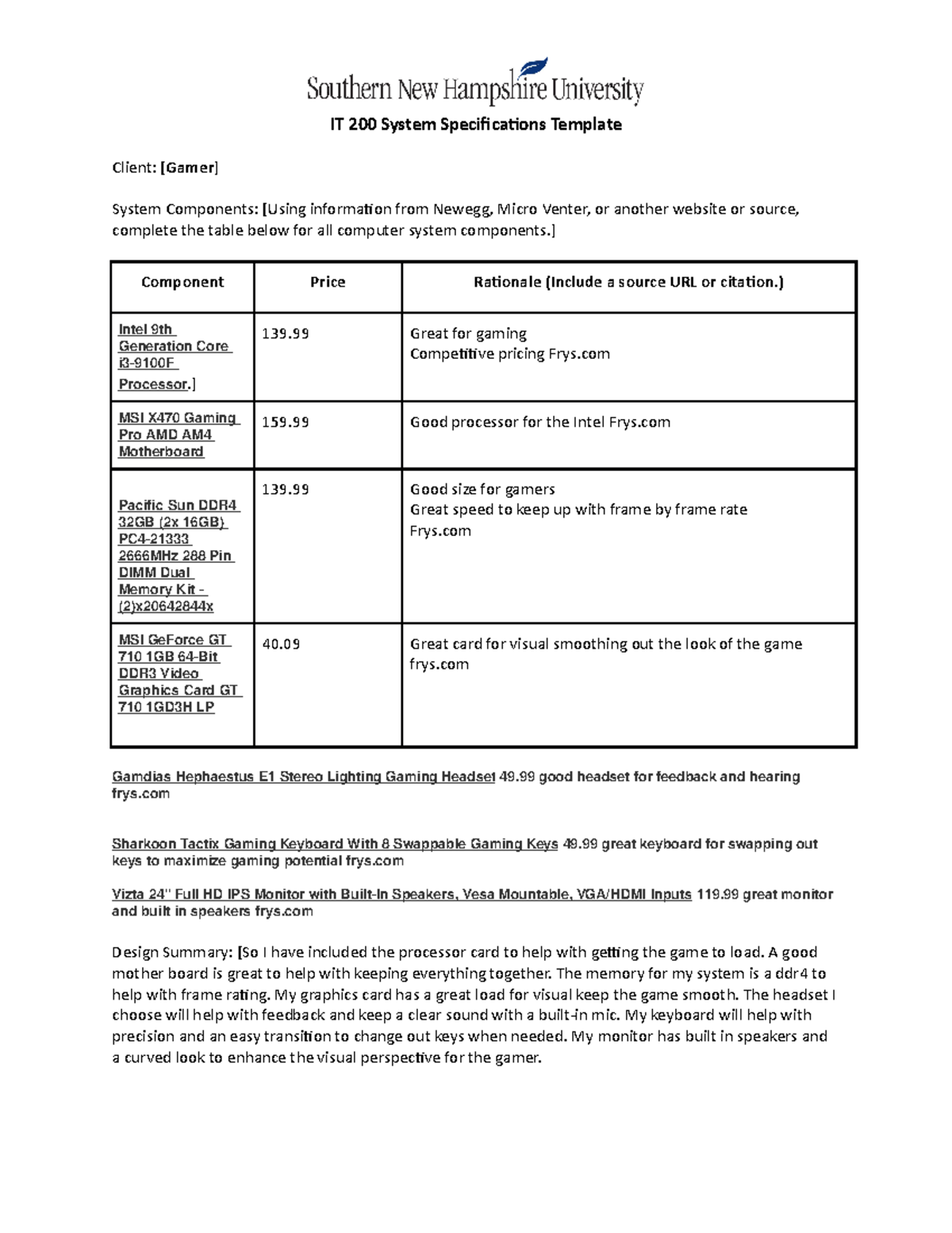 IT 200 System Specifications worksheet - IT 200 System Specifications ...