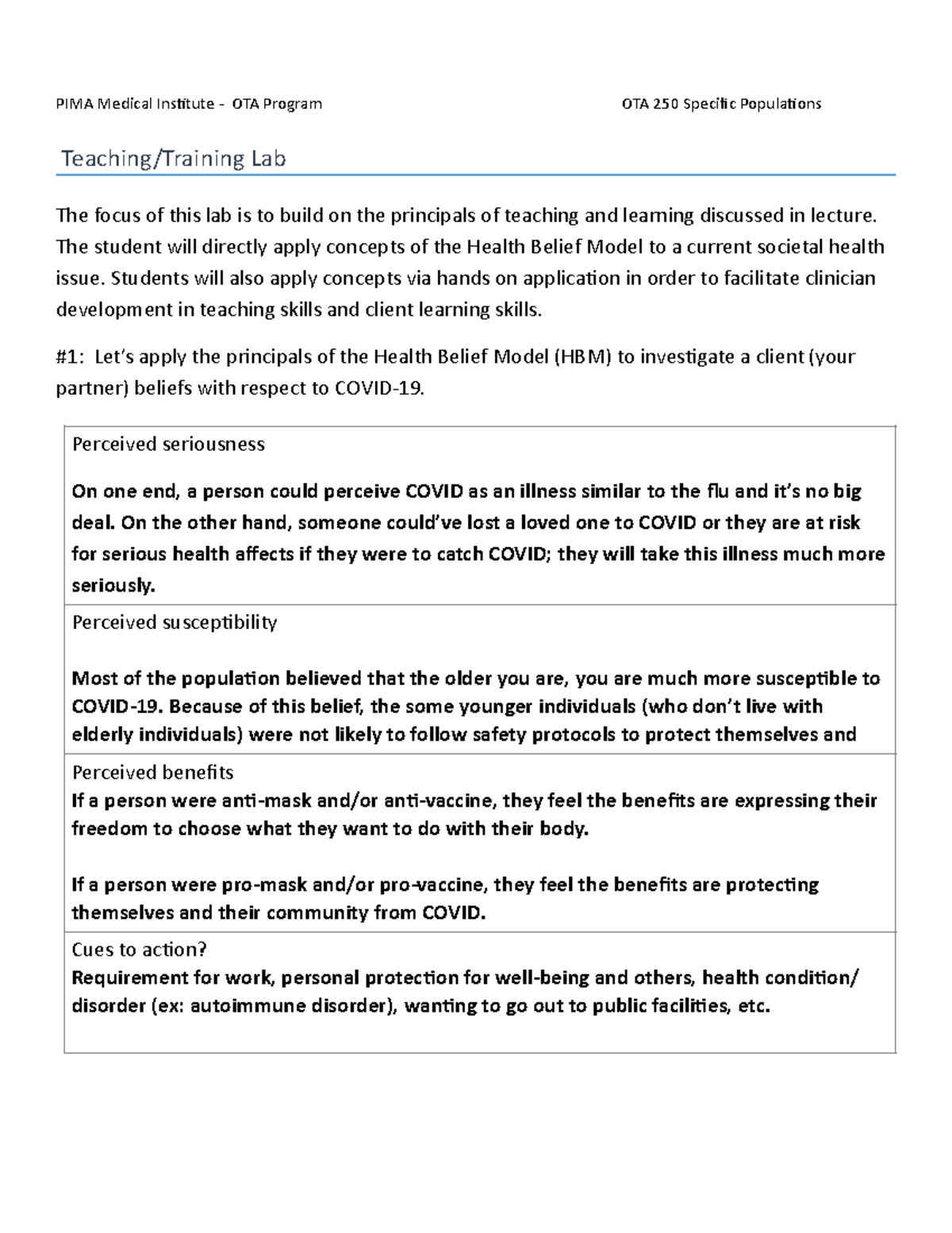 OTA250-Lab Assignment-Teaching training - PIMA Medical Ins - OTA ...