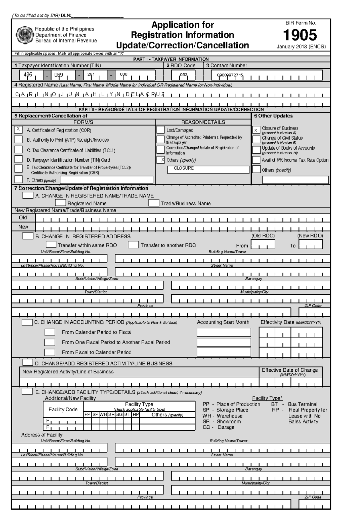 Application for registration information update correction cancellation ...