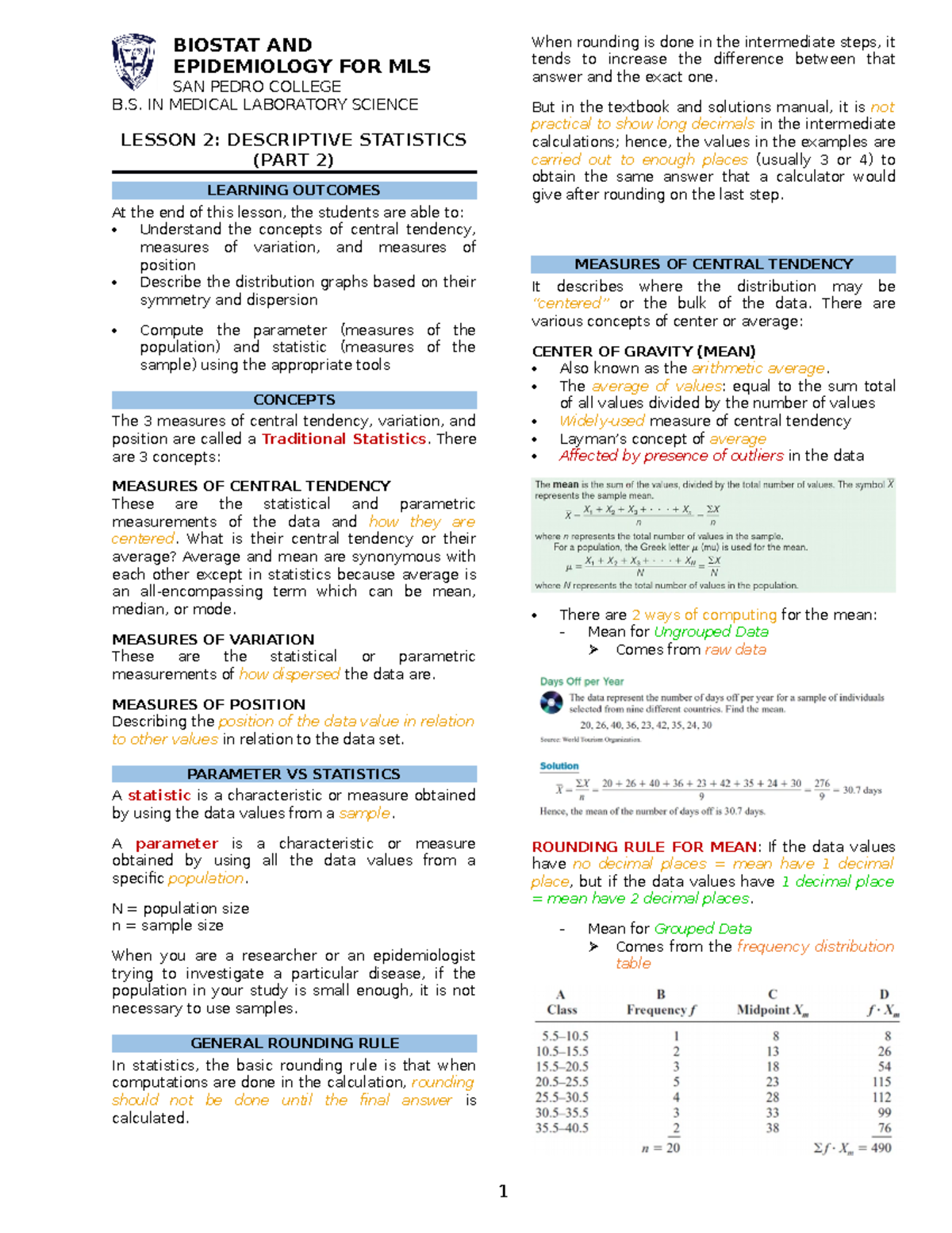 [2.2] Descriptive Statistics 2 BIOSTAT AND EPIDEMIOLOGY FOR MLS SAN