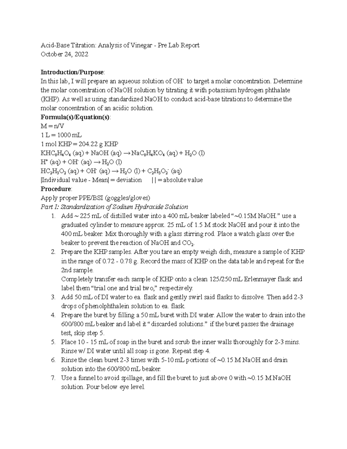 AcidBase Titration Pre Lab Report AcidBase Titration Analysis of