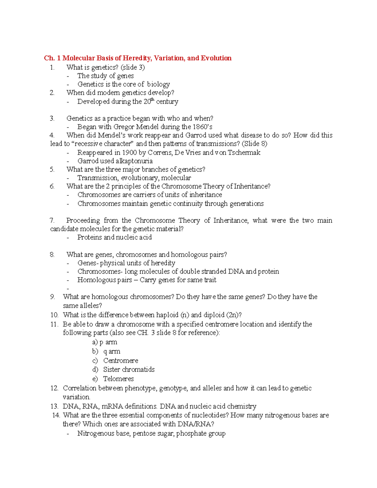CH. 1 Molecular Basis of Herdity, Variation, and Evolution Review Fall