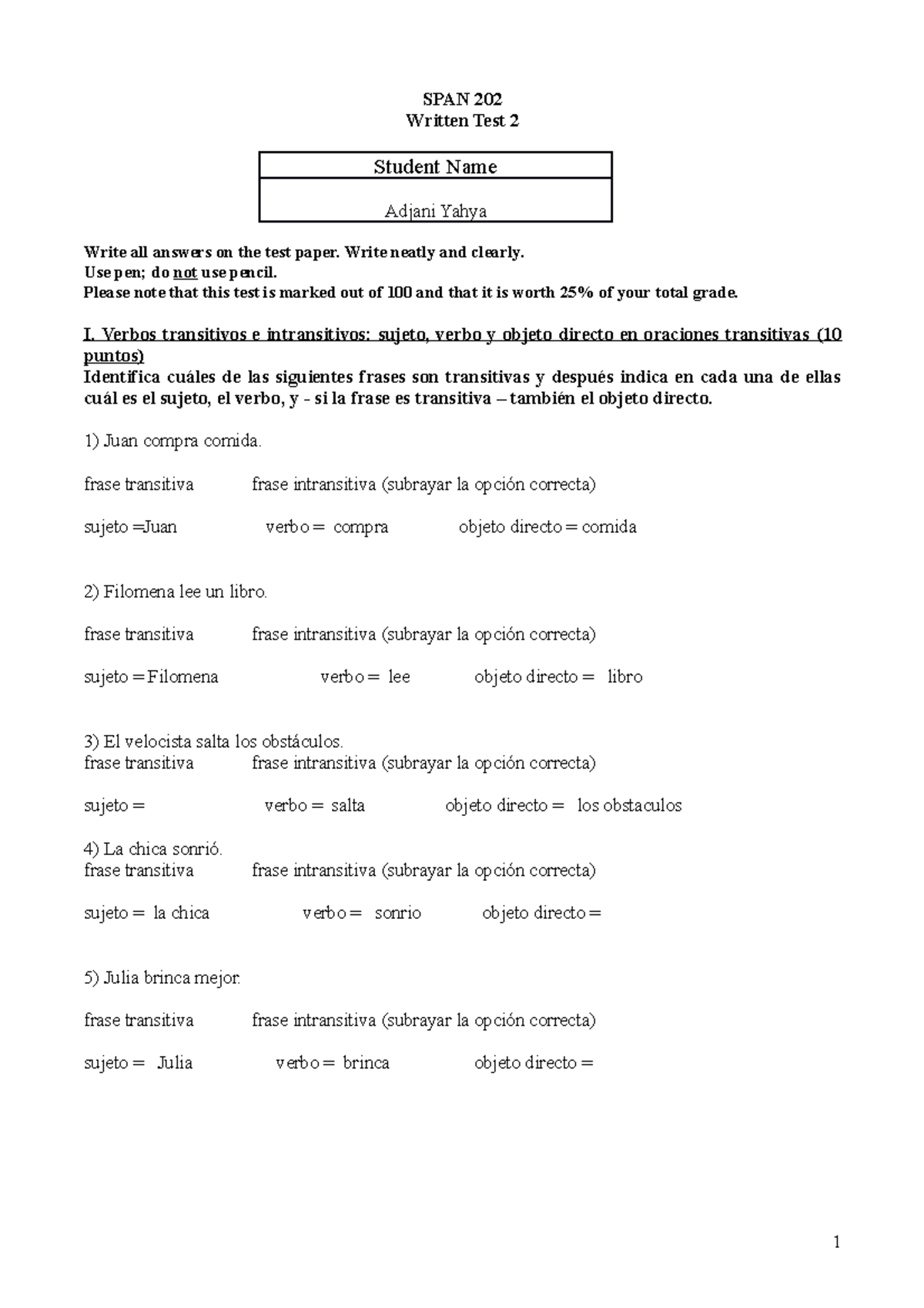 SPAN 202 Prueba 2 - Spanish - Spanish Language 2B - Victoria University ...
