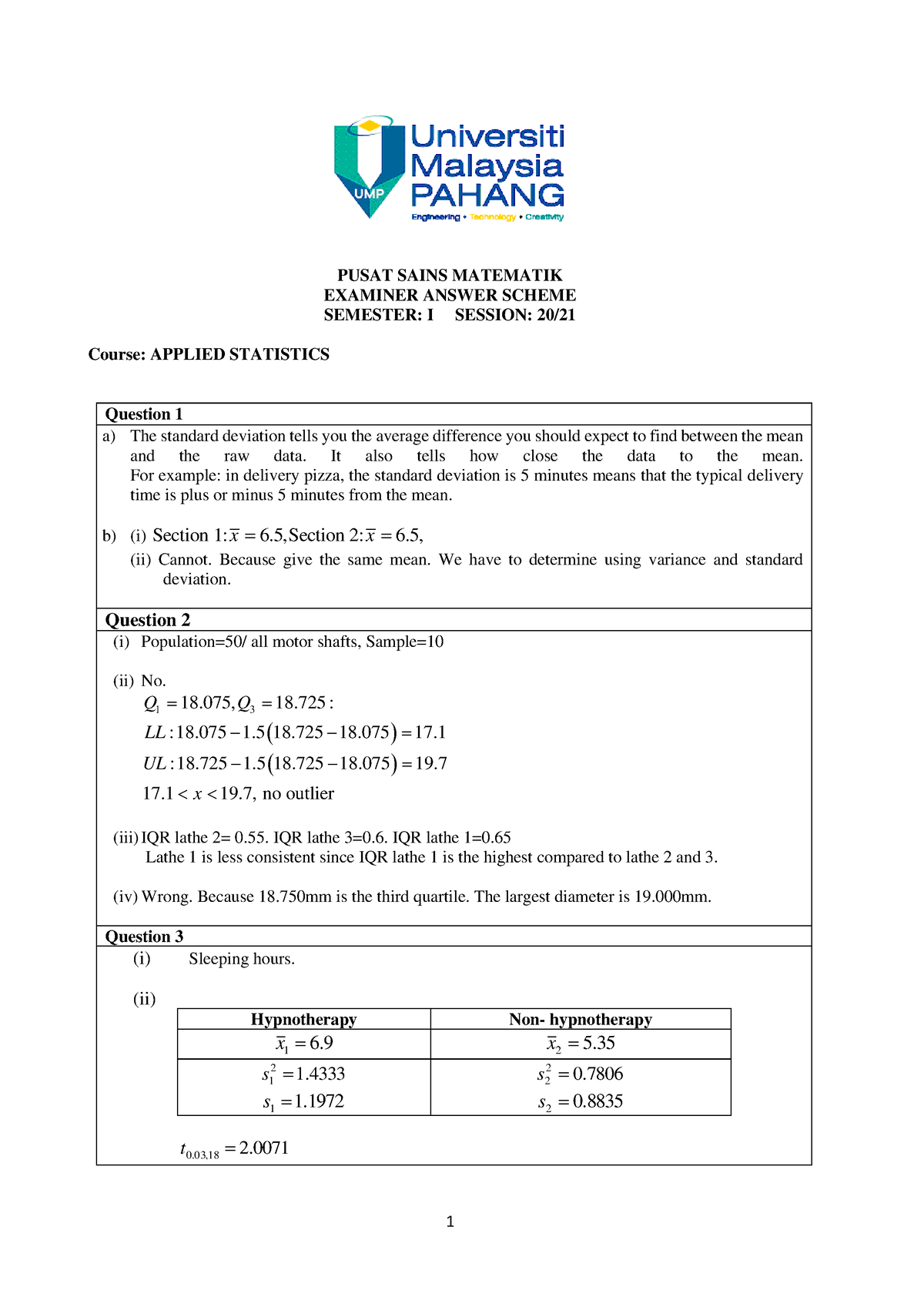 SEM 1 2021 TEST (ANSWER) - LECTURER NAMECOURSE CODE BUM2413 APPLIED ...