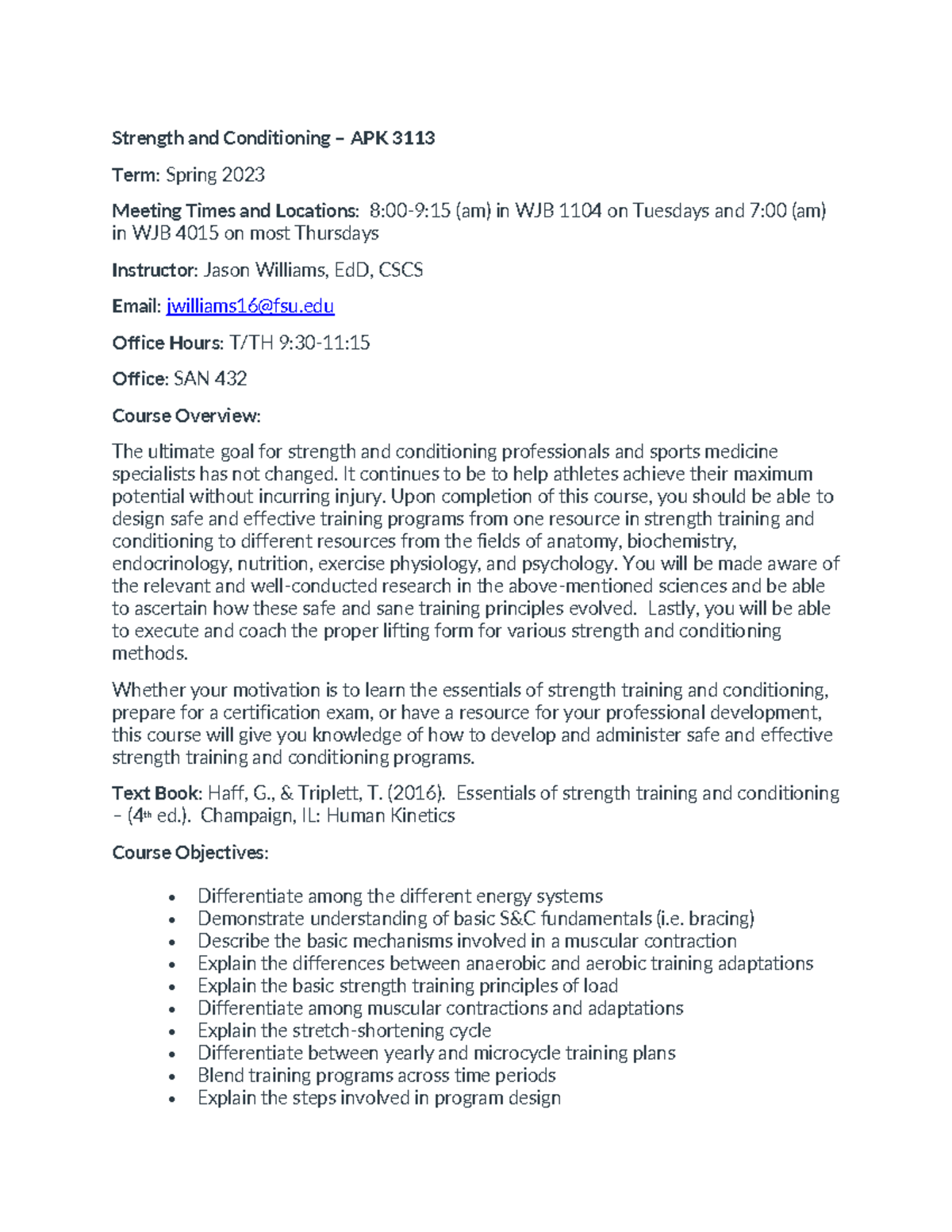 APK3113 Syllabus Strength and Conditioning APK 3113 Term Spring