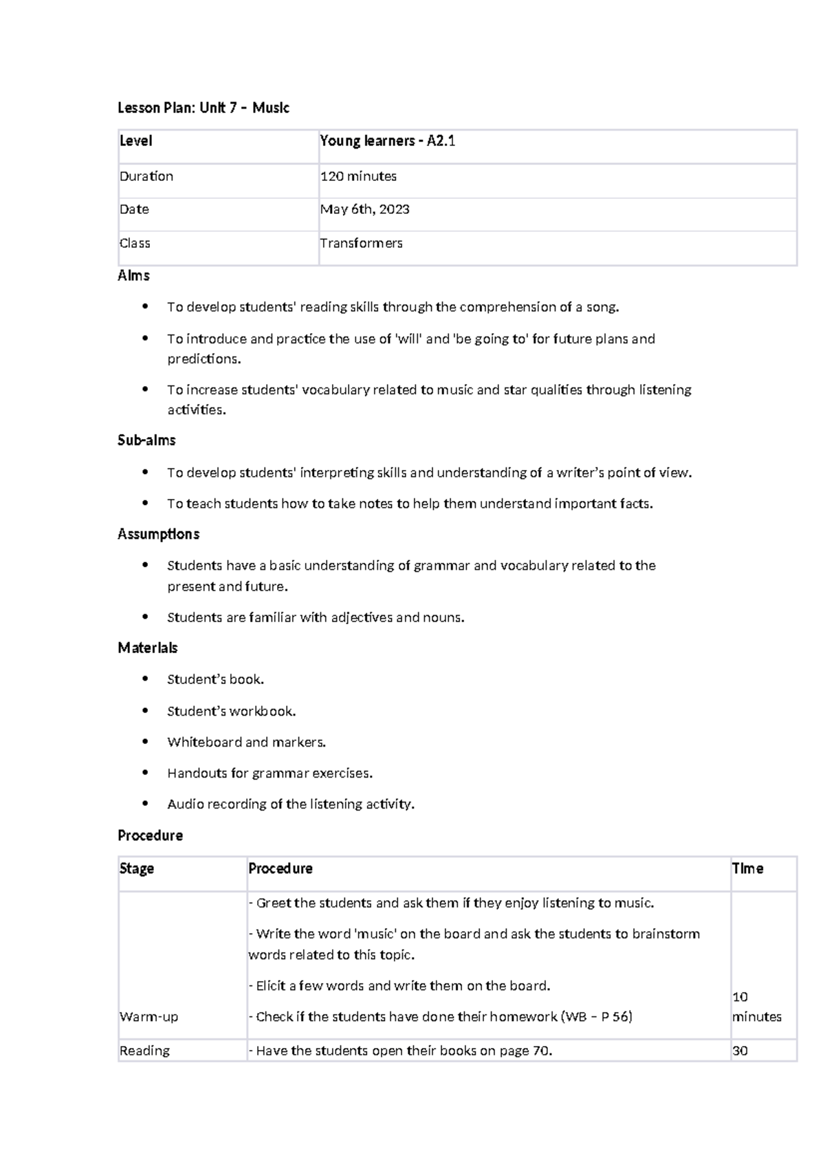 Lesson Plan - transformers a2 - Lesson Plan: Unit 7 – Music Level Young ...