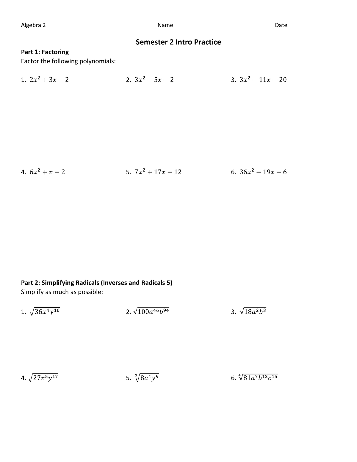 Sem+2+Start+Practice - Algebra 2 Name ...