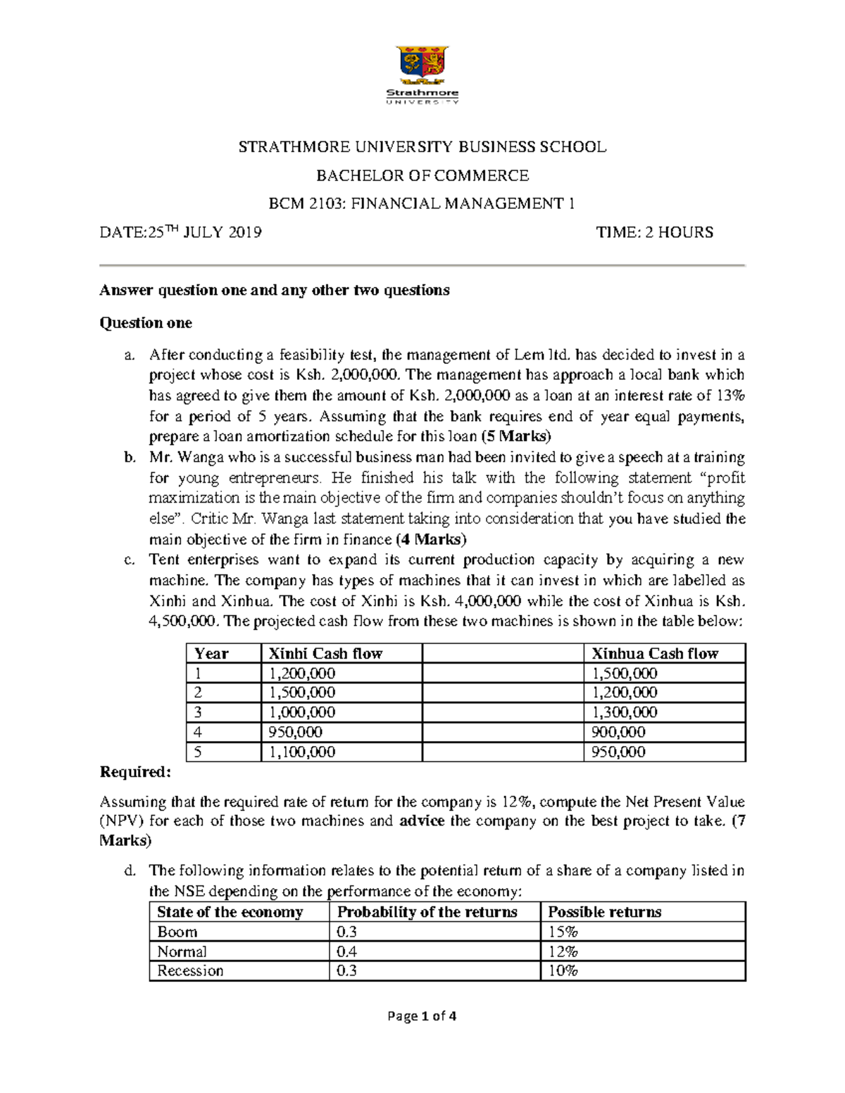 Financial Management Exam 2 - STRATHMORE UNIVERSITY BUSINESS SCHOOL ...