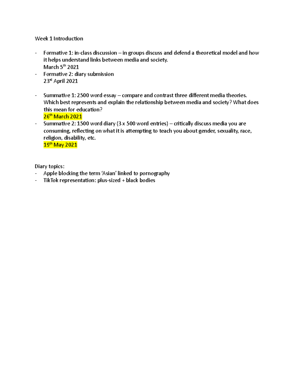 Media 1 - Lecture notes 1 - Week 1 Introduction Formative 1: in-class ...