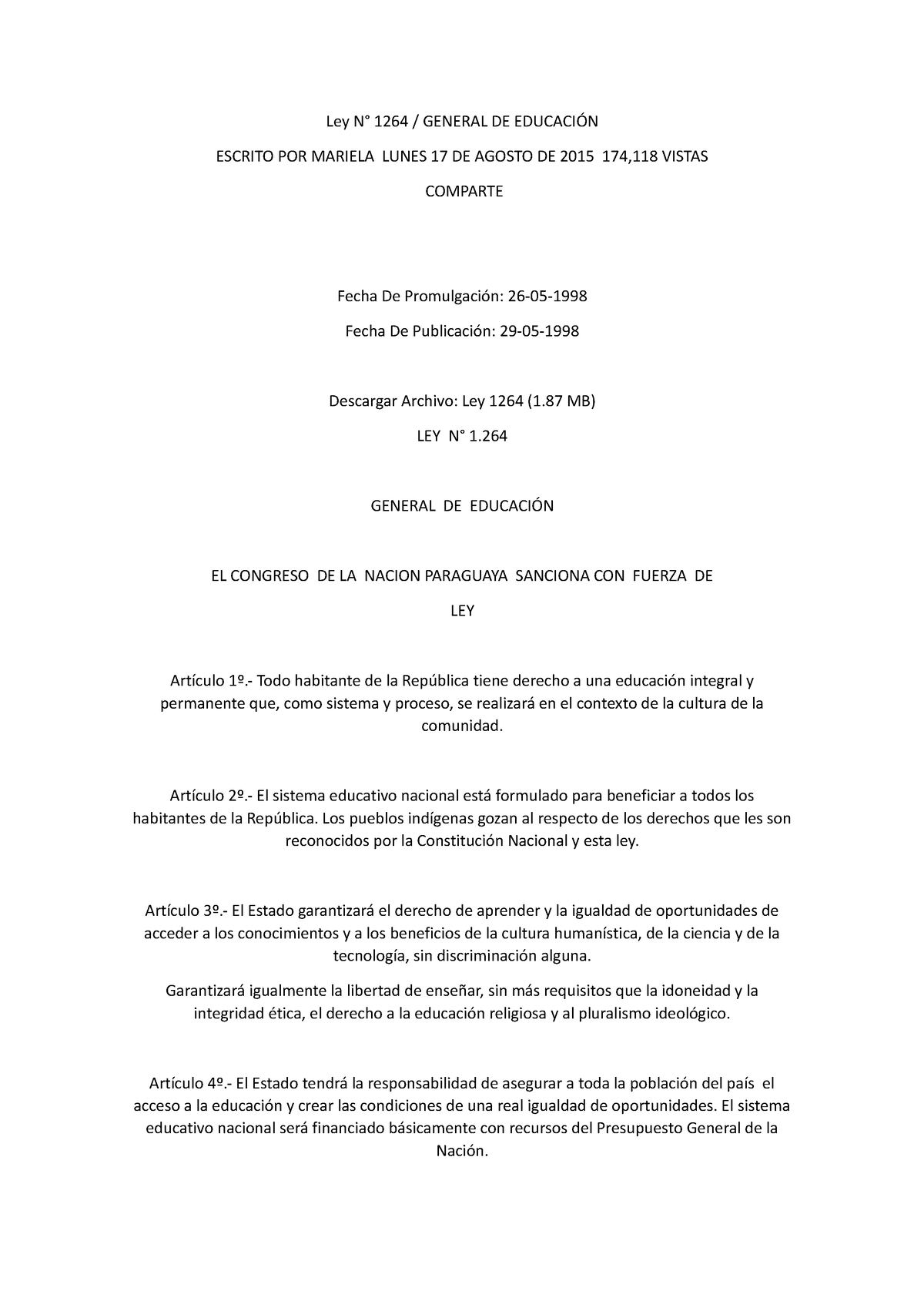 Ley N 1264 LEY GNAL DE Educación - Ley N° 1264 / GENERAL DE EDUCACIÓN ...