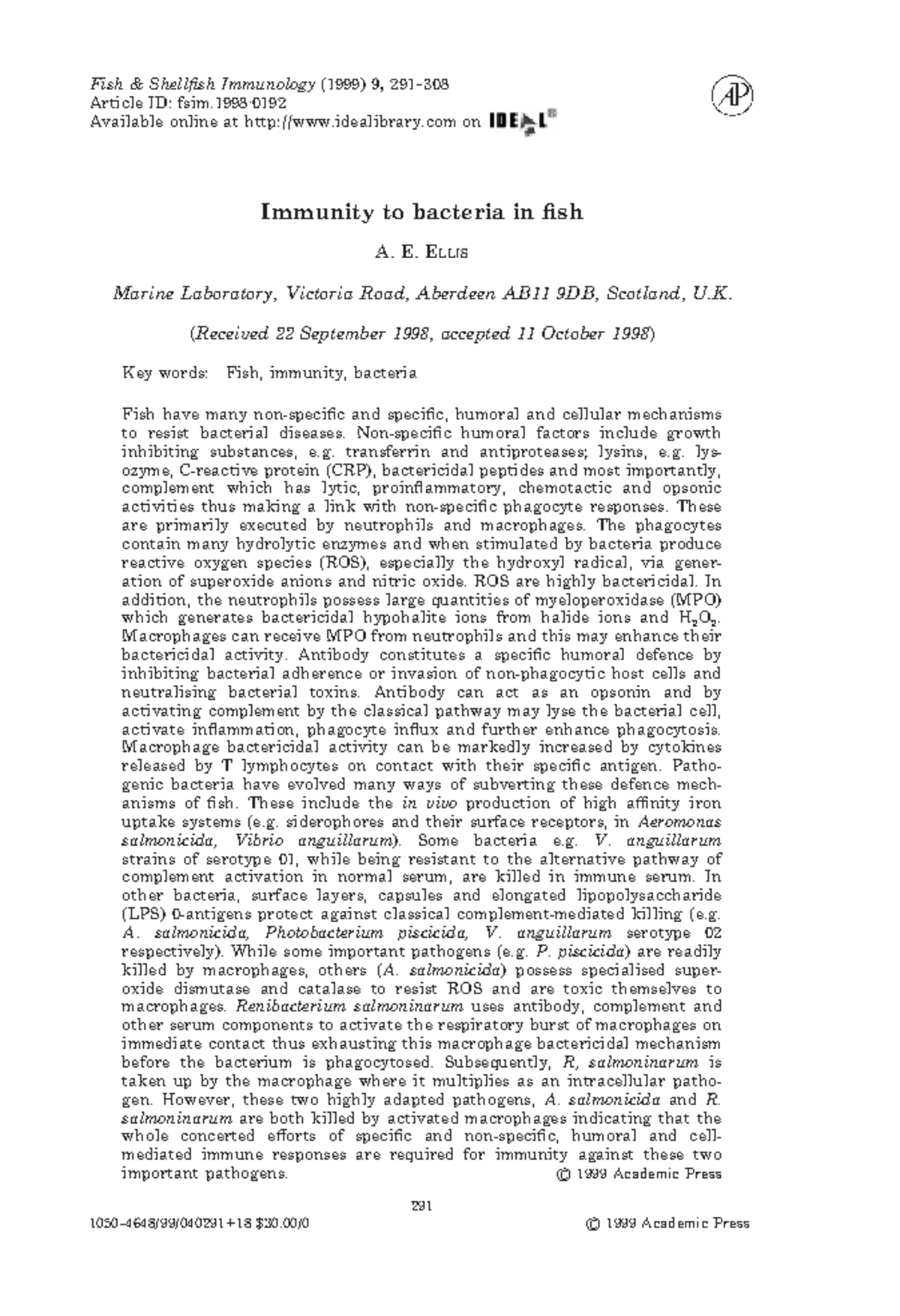 Immunity to Fish Bacteria Fish & Shellfish Immunology (1999) 9, 291