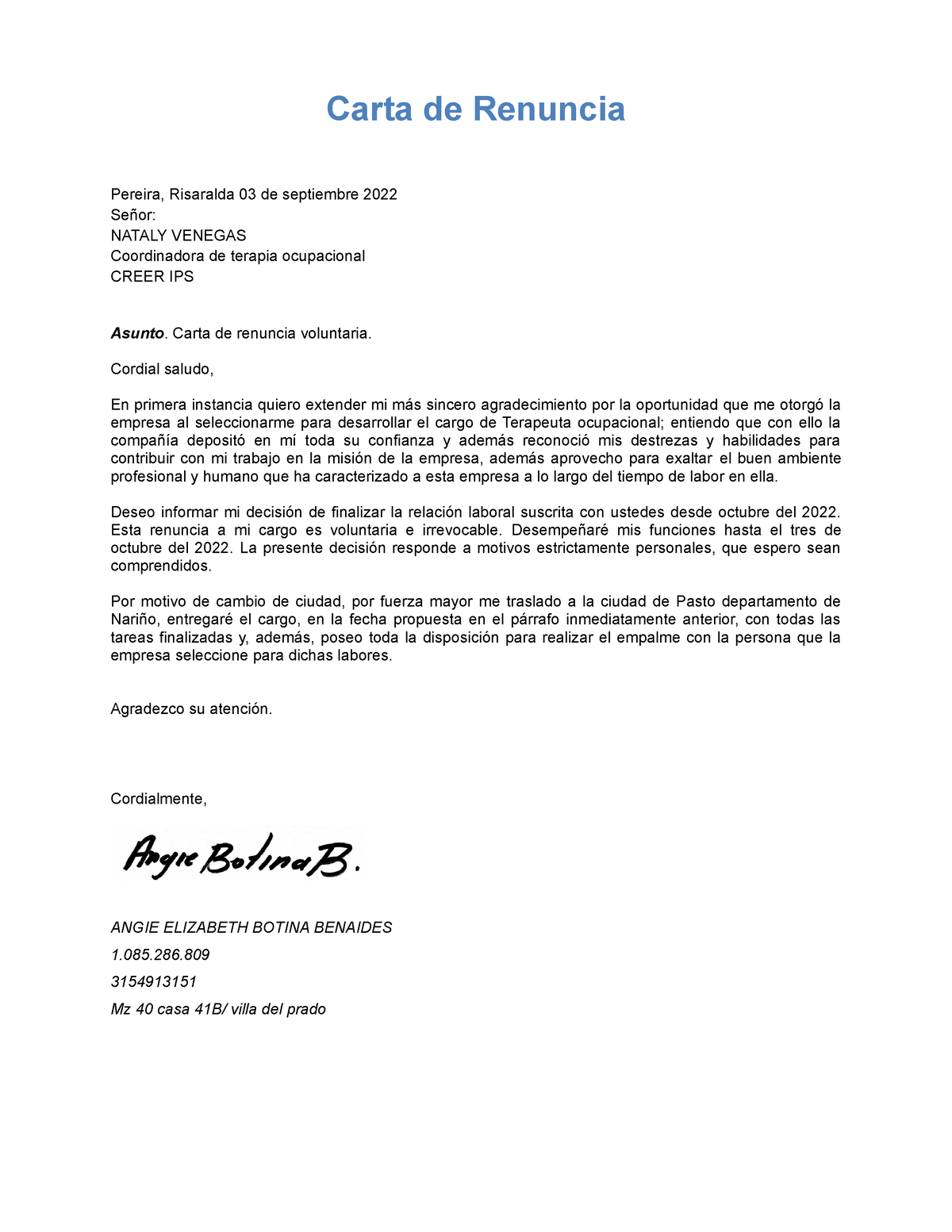 Carta De Renuncia Carta Carta De Renuncia Pereira Risaralda 03 De