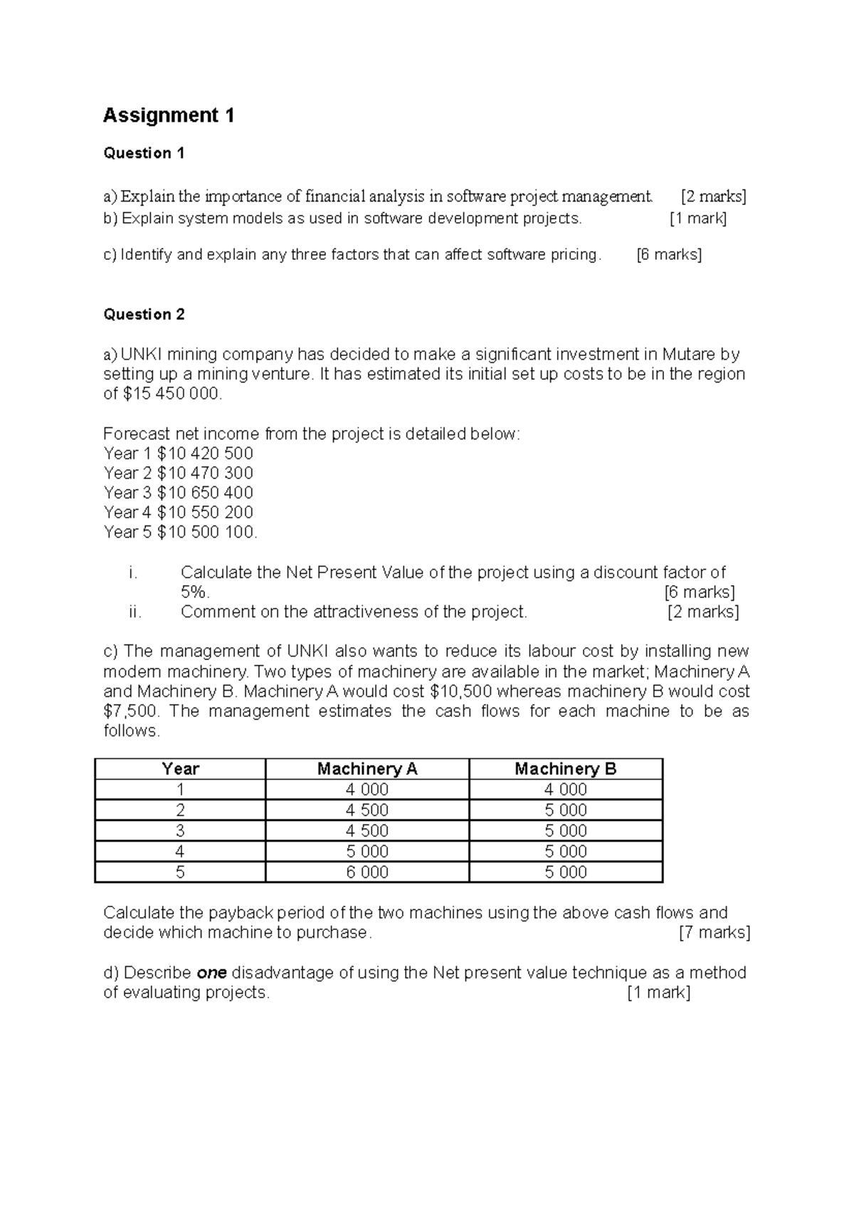 project management assignment questions