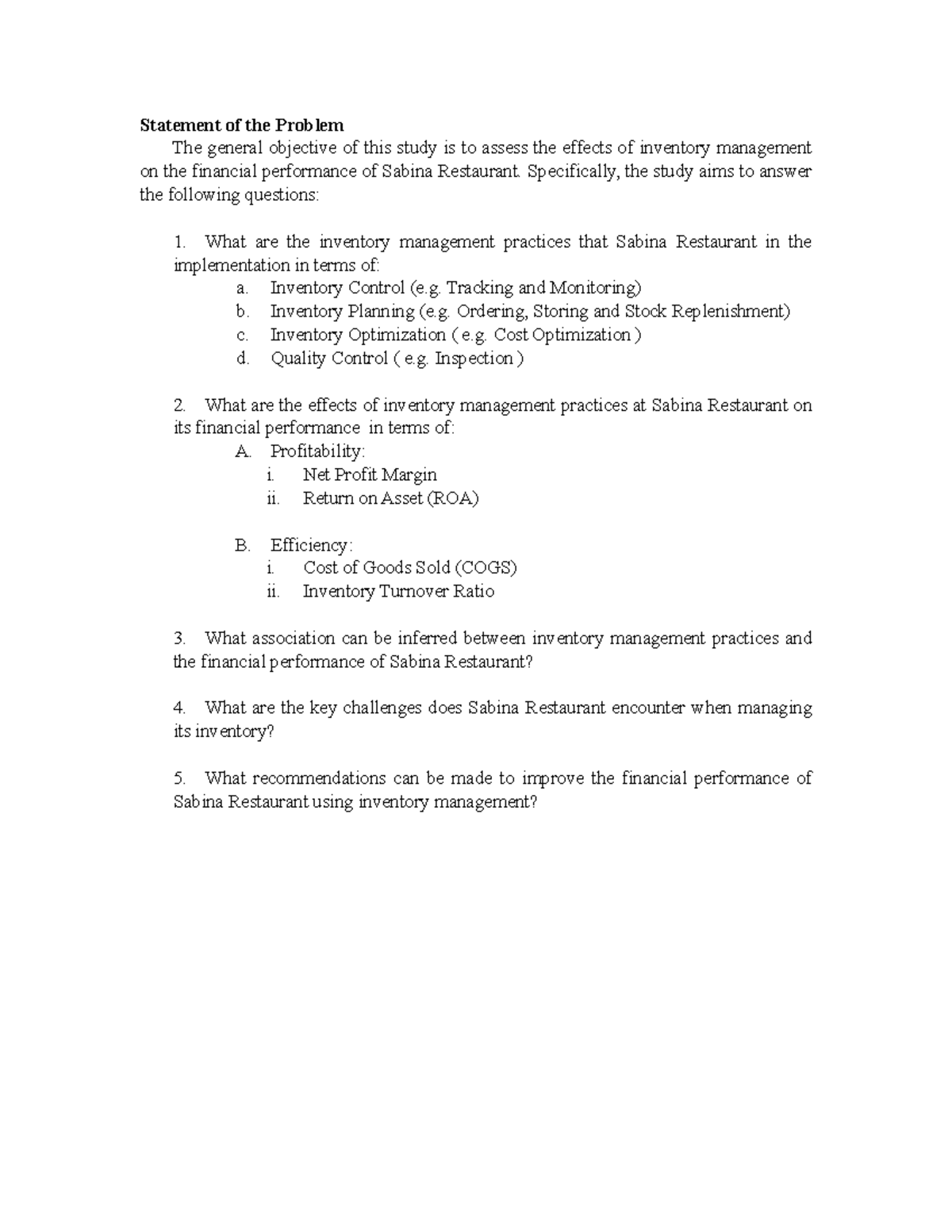 SOP AND Interview - Research - Statement of the Problem The general ...
