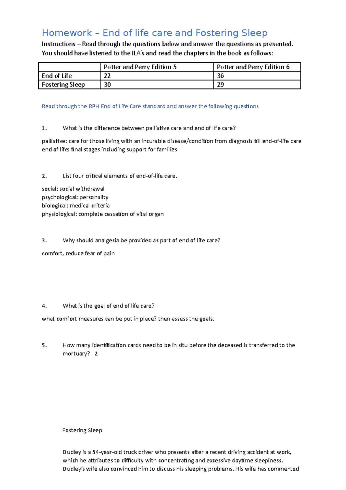 Homework END OF LIFE and Fostering Sleep - Homework – End of life care ...