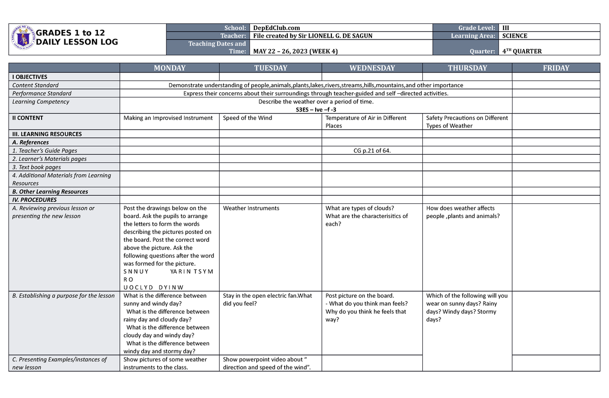 DLL Science 3 Q4 W4 - GRADES 1 to 12 DAILY LESSON LOG School: DepEdClub ...