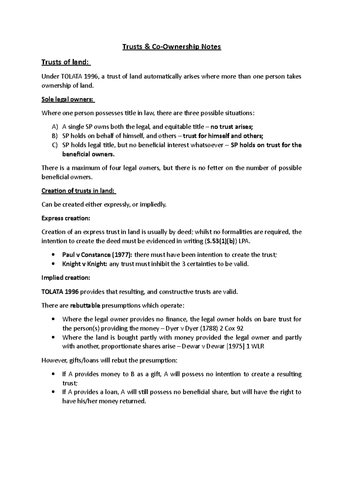Co ownership and Trusts of Land - Trusts &amp; Co-Ownership Notes ...