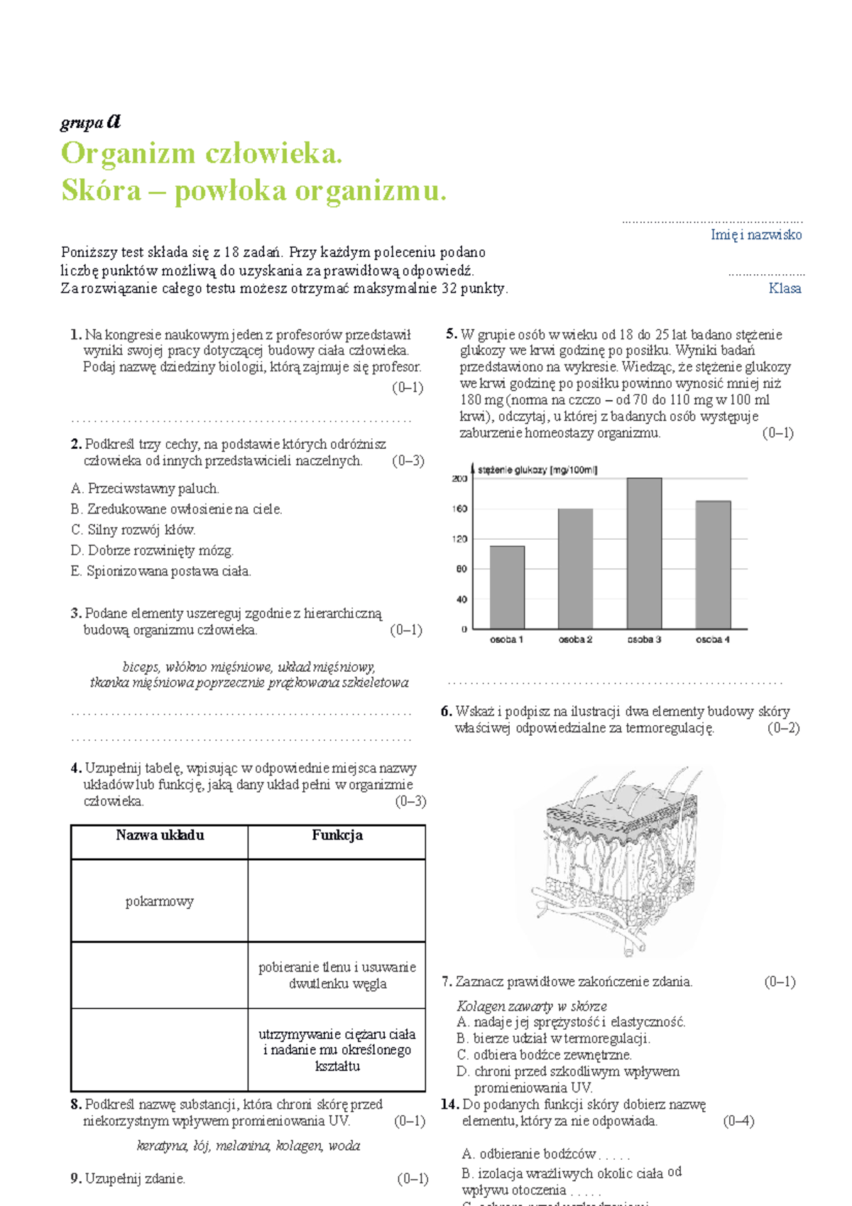 Test Organizm CZŁ Owieka. Skóra - POWŁOKA Organizmu - grupa a Organizm